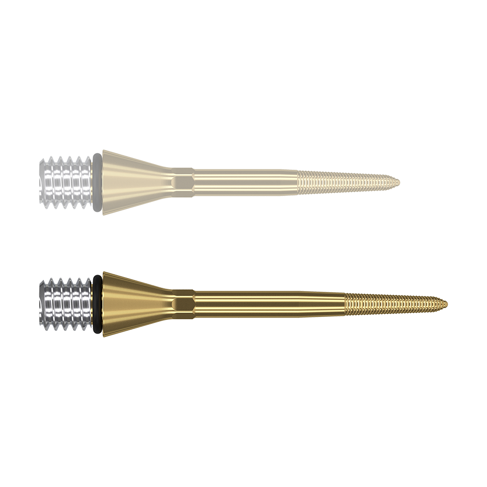 380167_Target_Titanium_Swiss_Point_Nano_Conversion_Points_Gold_30mm_1 Das Bild zeigt zwei goldfarbene, spitze Metallteile mit einem silbernen Schraubgewinde auf der linken Seite. Sie sind lang und schmal und haben an einem Ende eine feine Riffelung.