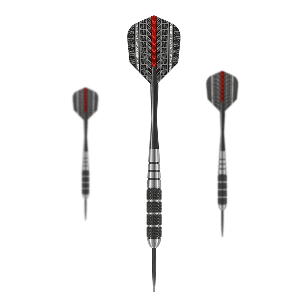 Auf dem Bild sind drei Harrows Black Jack Steeldarts zu sehen. Die Darts haben ein schwarzes, geriffeltes Griffstück und auffällige schwarze Flights mit roten Details.