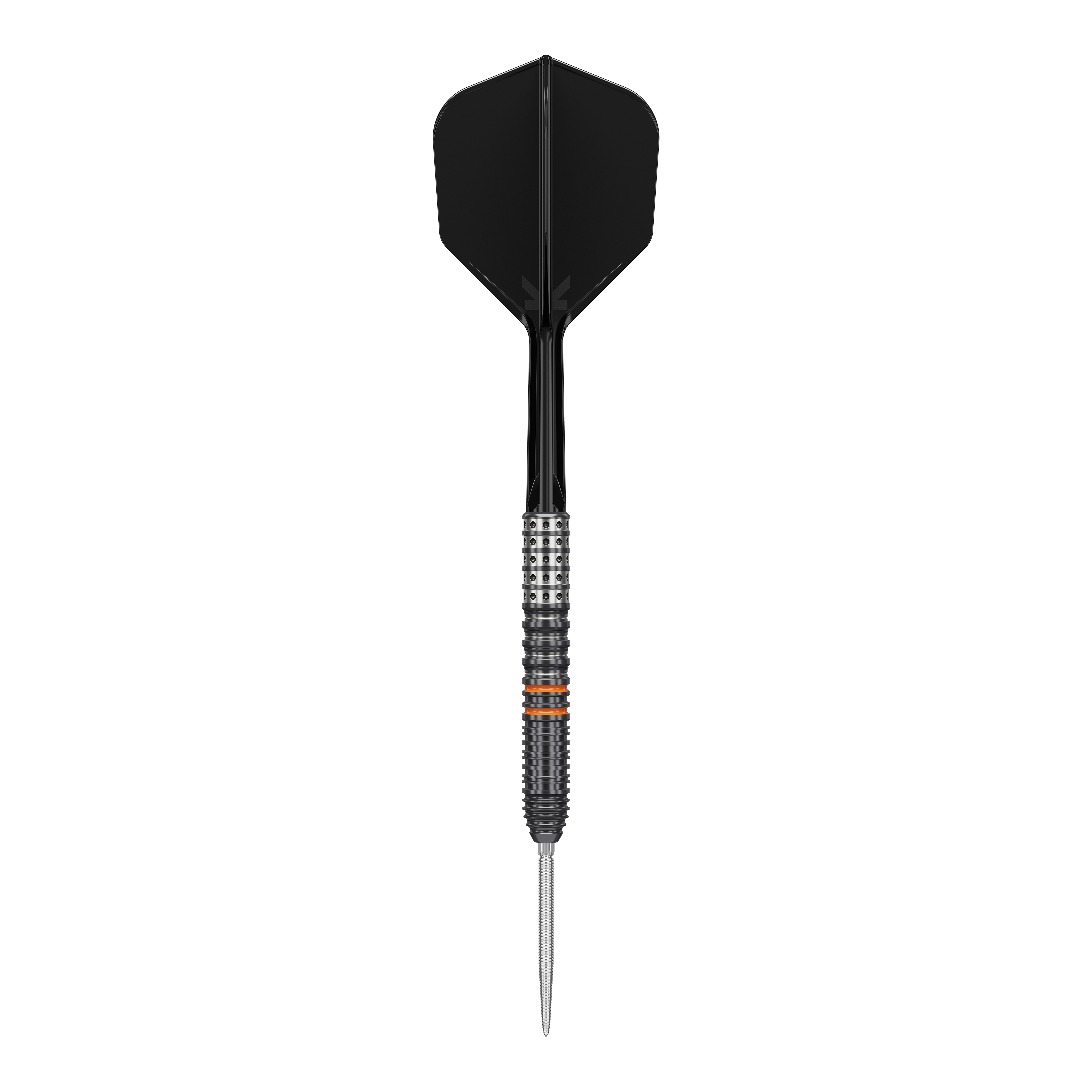 Das Bild zeigt einen eleganten Steeldart mit schwarzem Flight und fein geriffeltem Griff. Es handelt sich um das Modell "Target Japan Black Marque Morpheus GEN2 Steeldarts".