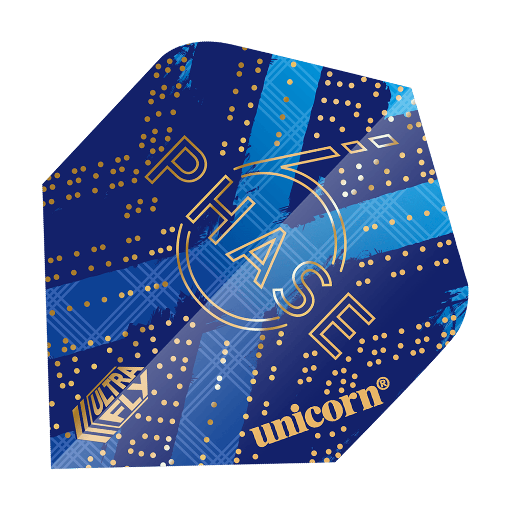Das Bild zeigt ein Dart-Flight des Produkts "Unicorn Ultra Fly 100 Gary Anderson World Champion Phase 6 Plus". Das Design ist überwiegend blau mit goldenen Punkten und Schriftzügen.