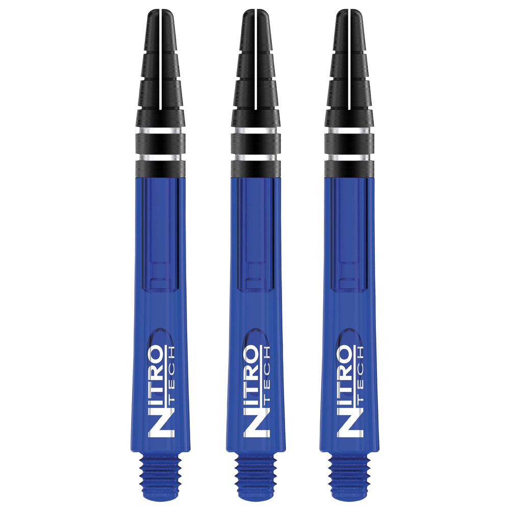 Das Bild zeigt drei blaue RedDragon Nitrotech Shafts. Die Shafts haben schwarze und silberne Akzente und sind für Darts gedacht.