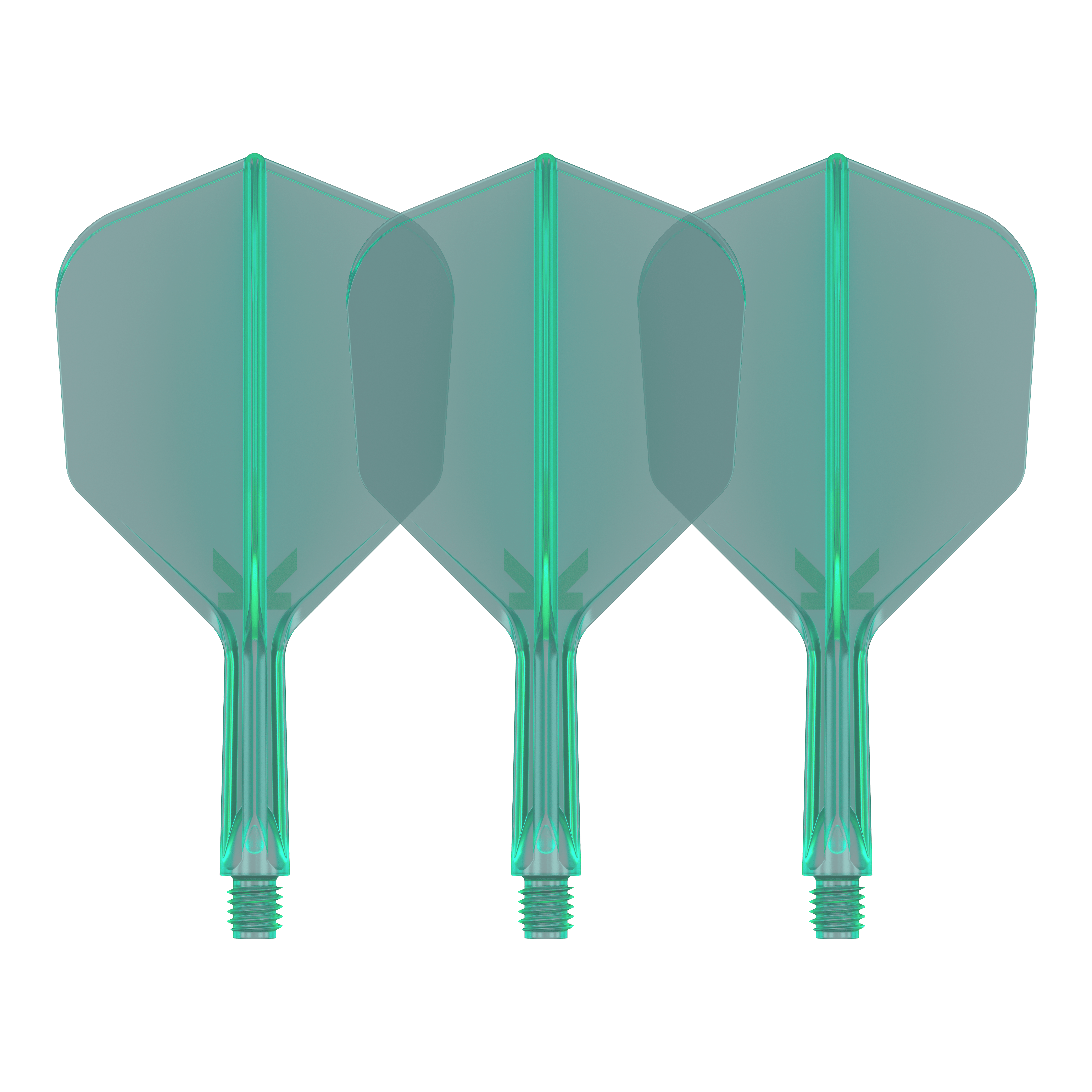 Auf dem Bild sind drei grüne Dartflights mit integriertem Schaft zu sehen. Sie stehen nebeneinander und haben eine transparente Optik.