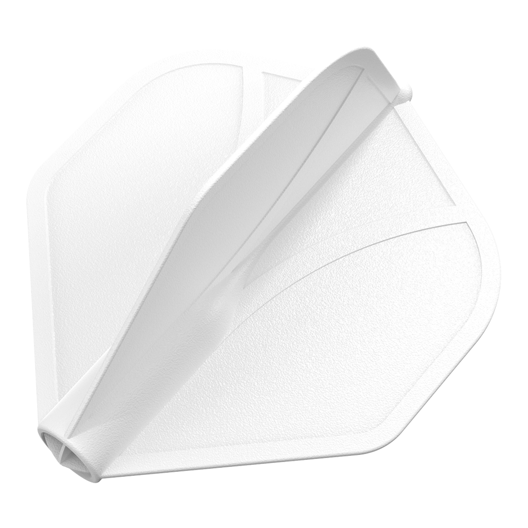 Shot Airfoil Moulded No2 Standard Flights Das Bild zeigt eine weiße Dart-Flugfeder in Standardform. Die Oberfläche wirkt strukturiert und leicht glänzend.