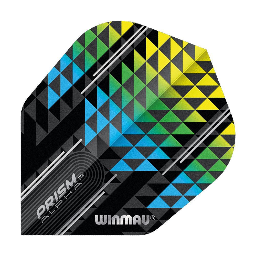 Das Bild zeigt einen Winmau Prism Alpha Flight in den Farben Blau, Grün und Gelb mit geometrischem Dreiecksmuster. Auf dem Flight stehen die Aufschriften „PRISM ALPHA“ und „WINMAU“.