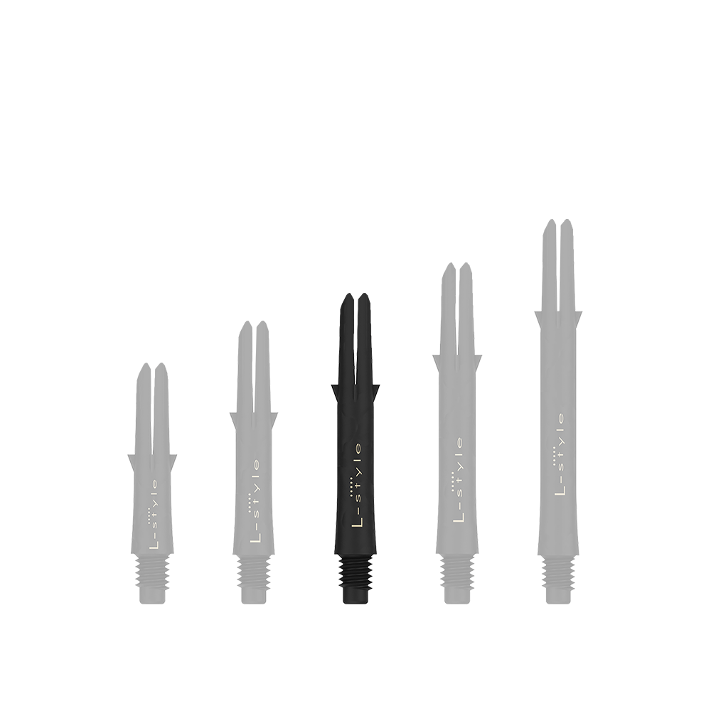 Das Bild zeigt fünf schwarze Dartschäfte aus Carbon in verschiedenen Längen. Sie sind jeweils mit dem Schriftzug „L-style“ versehen und stehen nebeneinander aufgereiht.