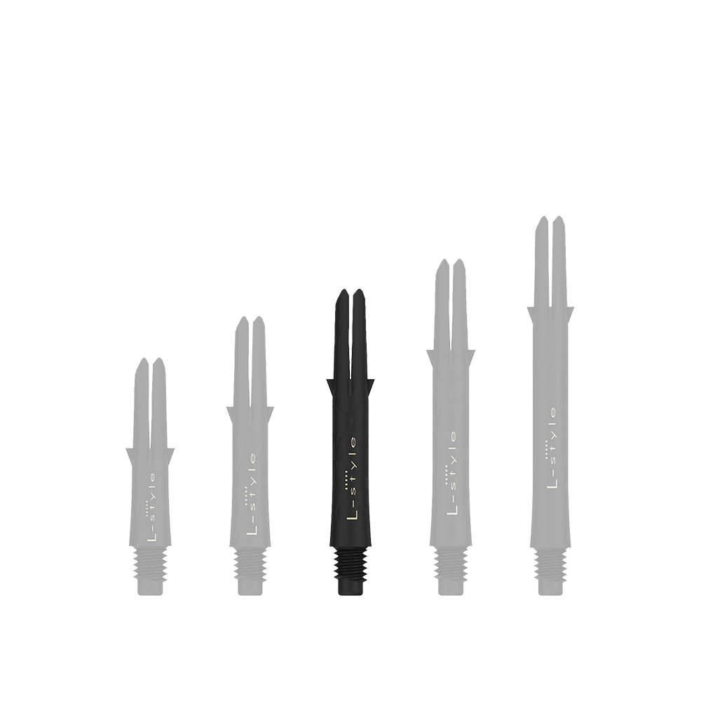 L-Style Carbon Shafts 225 Das Bild zeigt fünf schwarze Dartschäfte aus Carbon in verschiedenen Längen. Sie sind jeweils mit dem Schriftzug „L-style“ versehen und stehen nebeneinander aufgereiht.