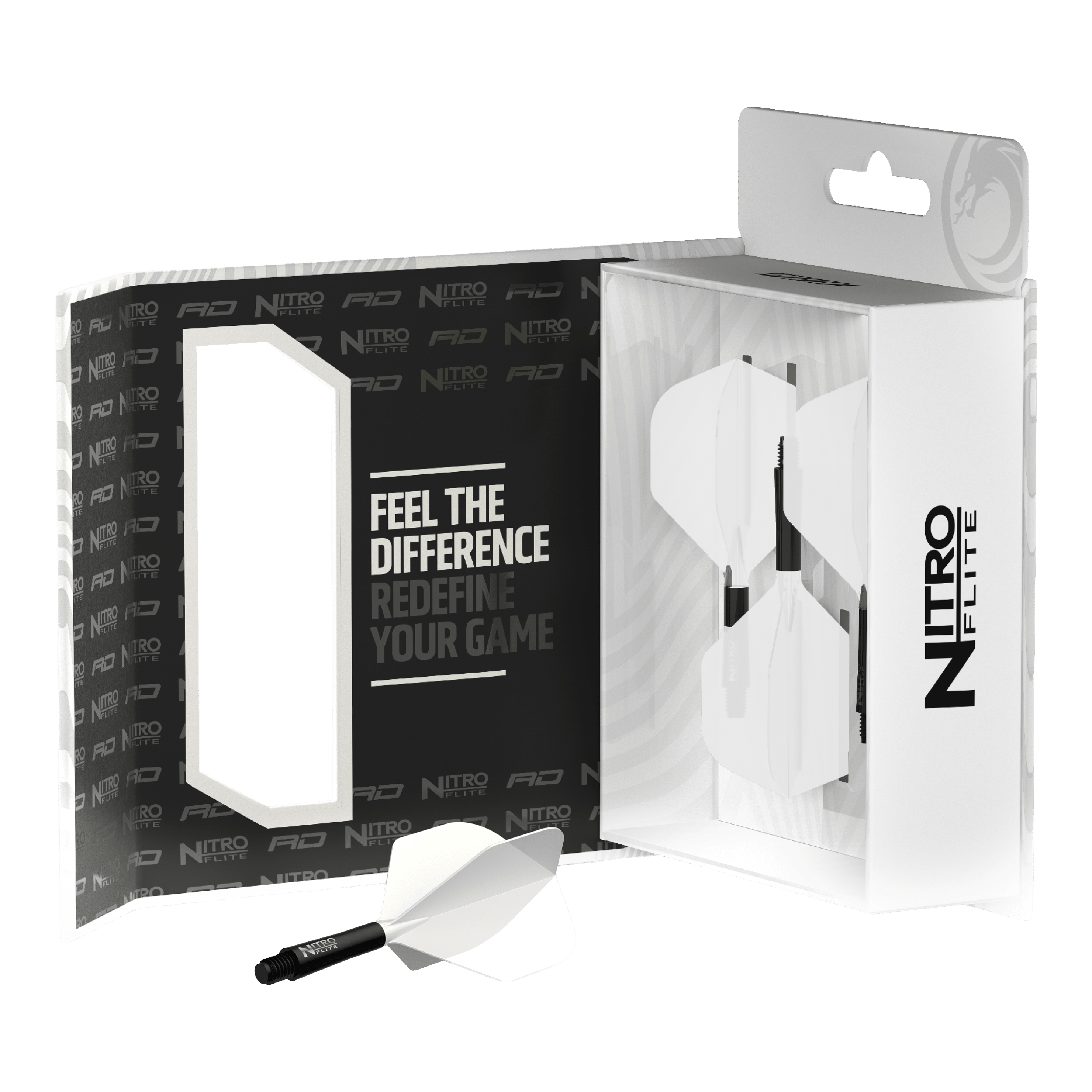 Red Dragon Nitro Flite Solid White and Black Short Das Bild zeigt das Produkt Red Dragon Nitroflite Black Shaft White Flights No2. Es handelt sich um einen schwarzen Dart-Schaft mit weißen Flights.