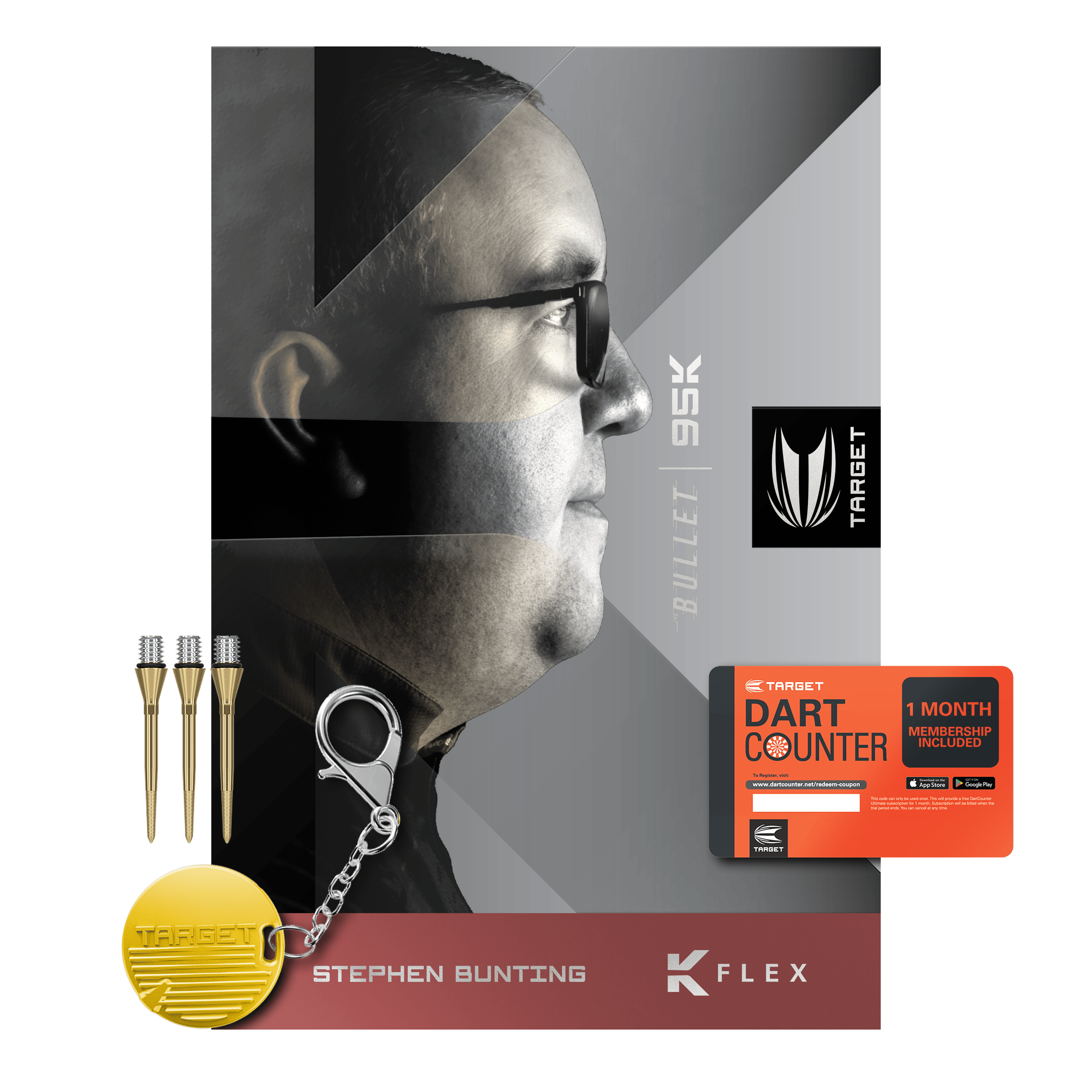 Target Stephen Bunting 95K Softdarts - 19g Das Bild zeigt das Produkt "Target Stephen Bunting 95K Softdarts - 19g" mit Zubehör wie Dartspitzen, Schlüsselanhänger und einer Dart Counter Karte. Im Hintergrund ist ein Porträt von Stephen Bunting zu sehen.