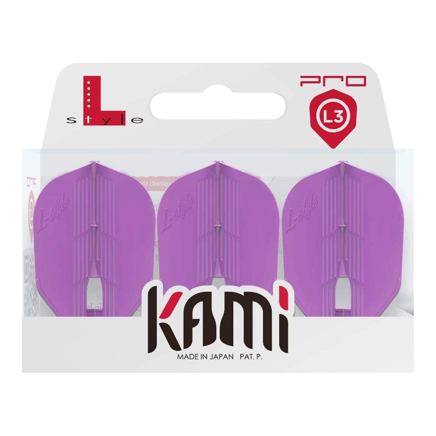 Das Bild zeigt eine Verpackung mit drei lila Dartflights der Marke L-Style KAMI. Auf der Verpackung steht "Pro L3" und "Made in Japan".