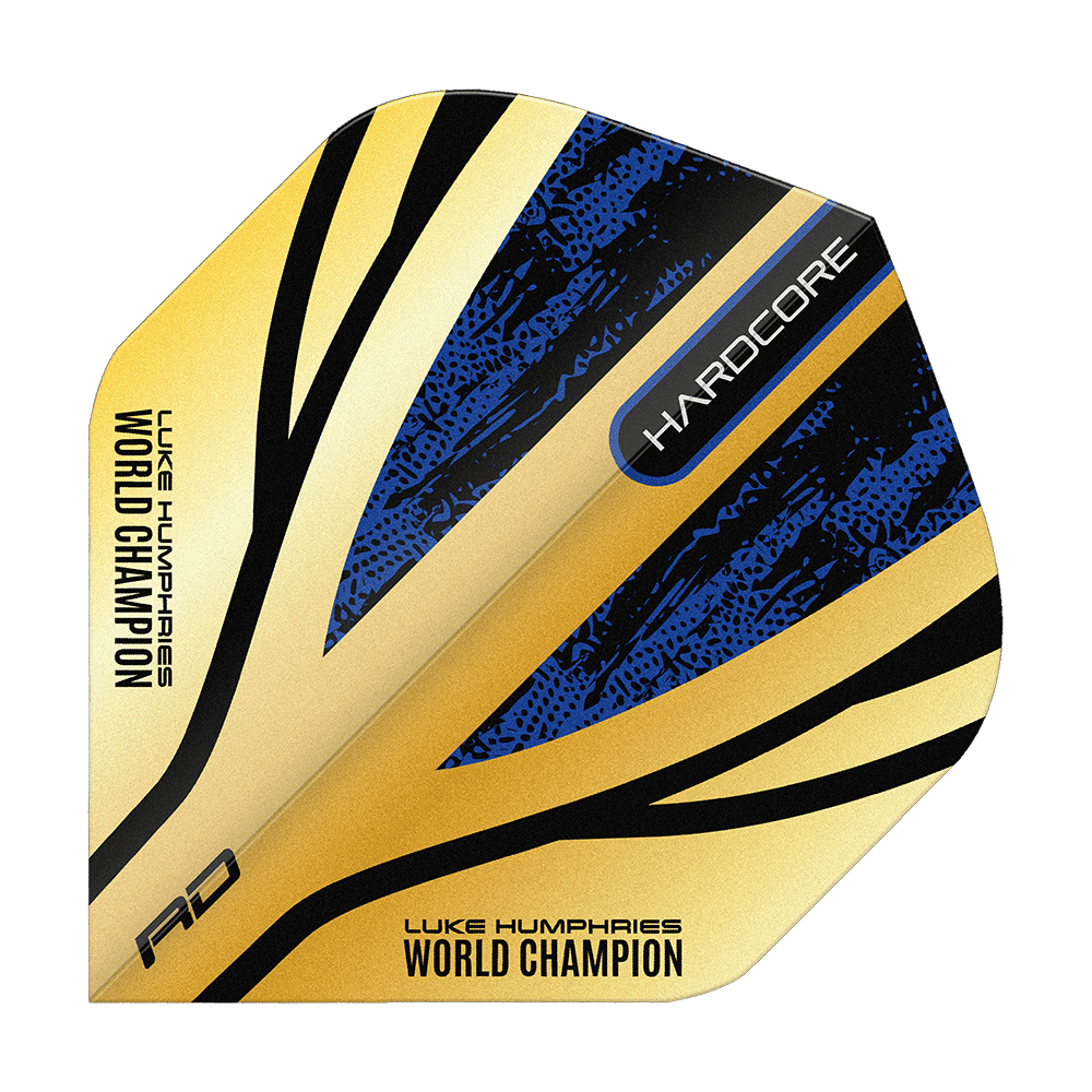 Das Bild zeigt das Produkt "Red Dragon Hardcore Premium Luke Humphries Gold Standard Flights". Die Darts-Flights sind gold, blau und schwarz und tragen die Aufschrift "WORLD CHAMPION" und "HARDCORE".
