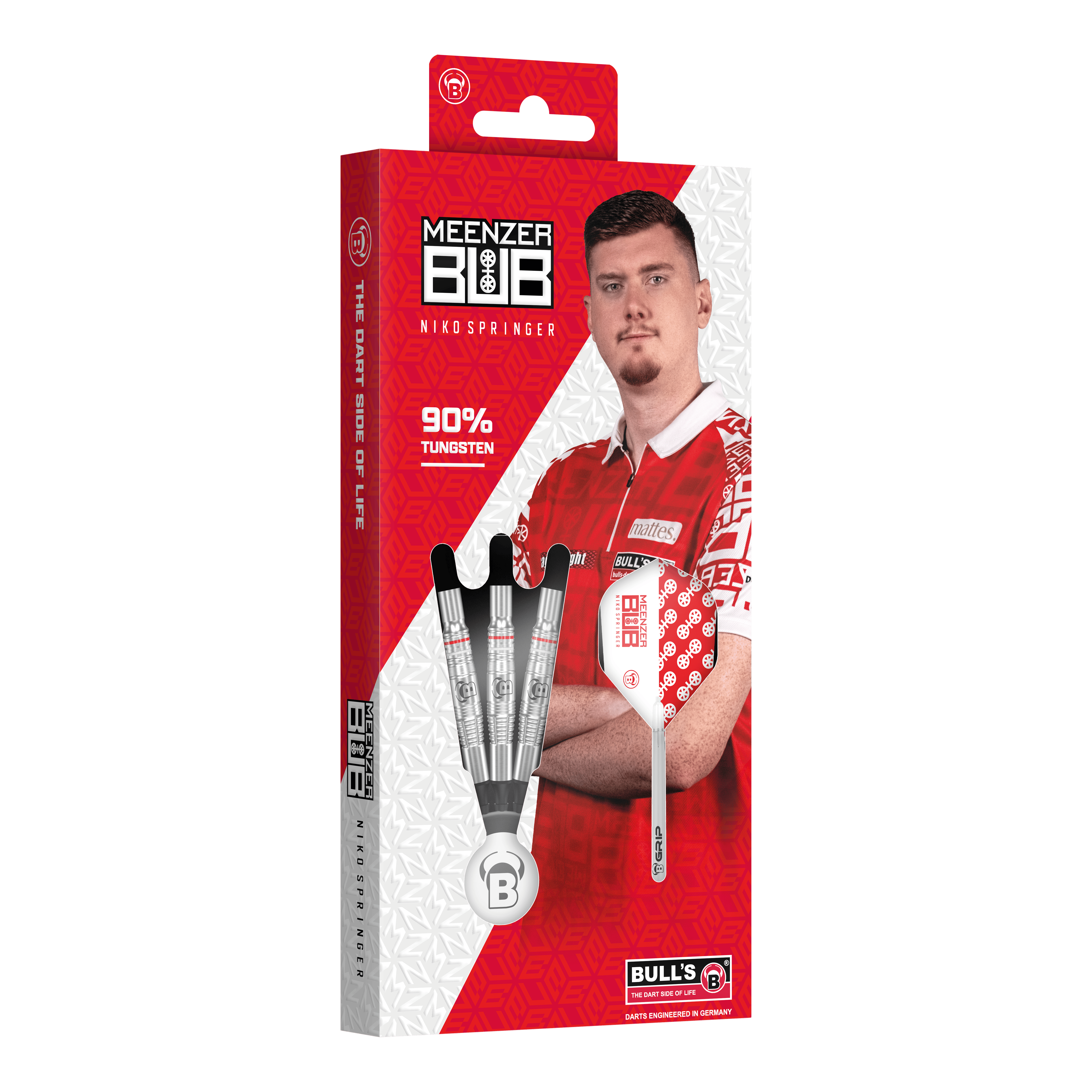 Bulls Niko Springer Softdarts - 22g Auf dem Bild ist die Verpackung der "Bulls Niko Springer Softdarts - 22g" zu sehen. Die Packung zeigt drei Dartpfeile und ein Portrait von Niko Springer.