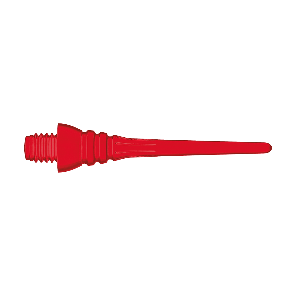 Winmau Triton Softtip Points Softdartspitzen (50-er Pack) Das Bild zeigt eine einzelne rote Softdartspitze mit Gewinde. Sie ist schlank und hat feine Rillen zur besseren Stabilität.