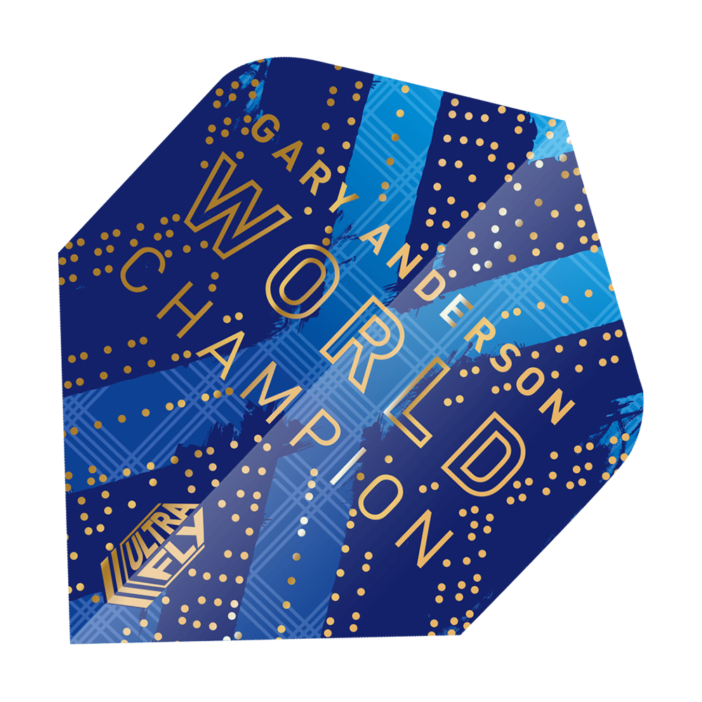 Das Bild zeigt einen blauen Dartflug mit goldenen Punkten und der Aufschrift "Gary Anderson World Champion". In der Ecke ist auch das Logo "Ultra Fly" zu sehen.