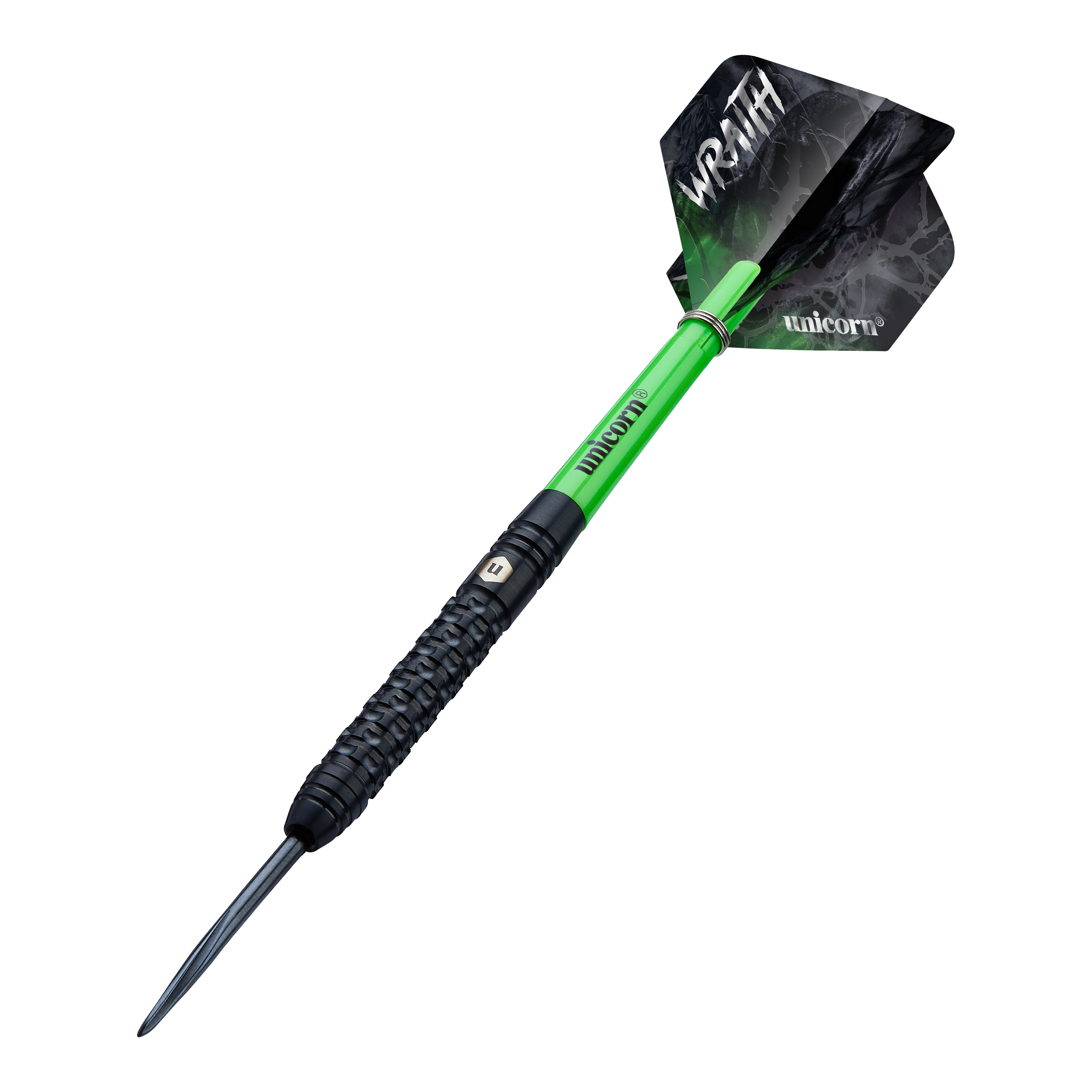Unicorn Wraith Steeldarts Das Bild zeigt einen Unicorn Wraith Steeldart mit einem schwarzen und grünen Design. Auf den Flights stehen die Wörter "WRAITH" und "unicorn".