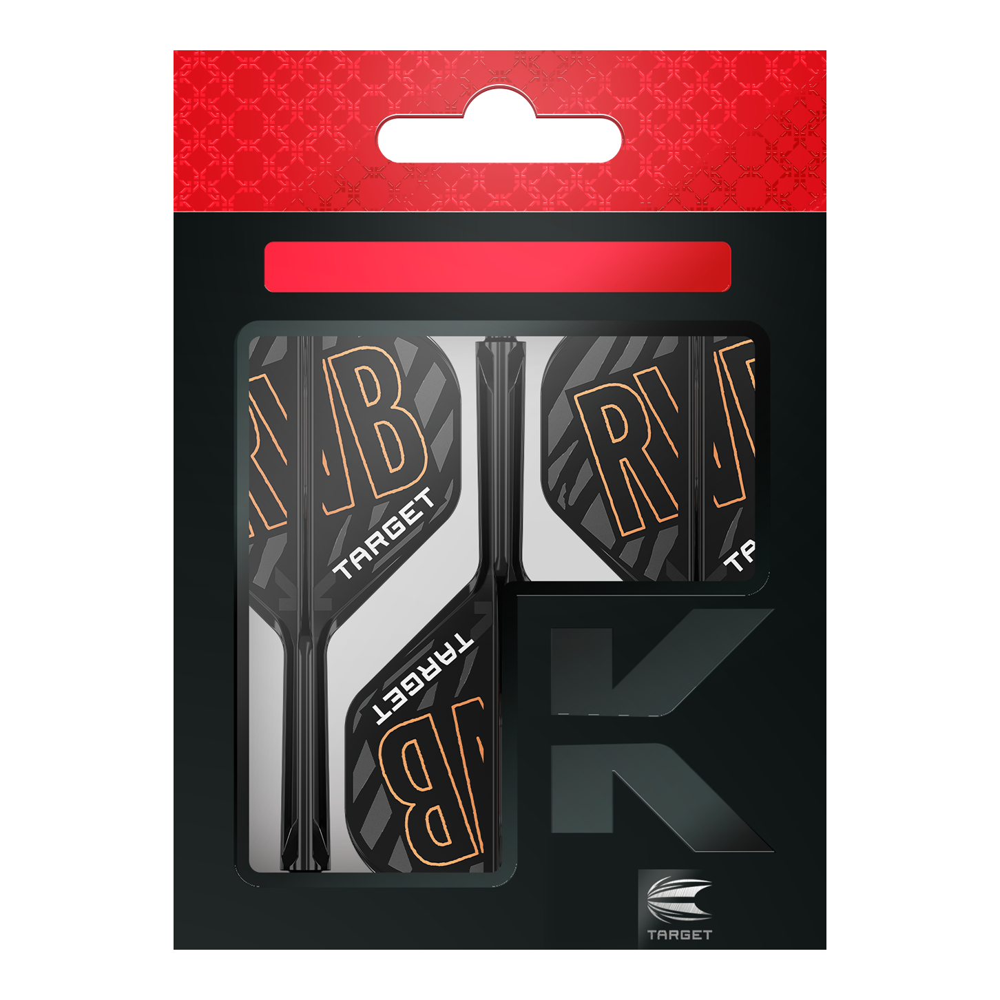 Target K-Flex Raymond Van Barneveld No2 Standard Flight-Shaft-System Auf dem Bild ist eine Verpackung mit Dartflights und -schäften der Marke Target zu sehen. Die Flights tragen die Buchstaben "RVB" und sind schwarz-weiß mit orangener Schrift gestaltet.