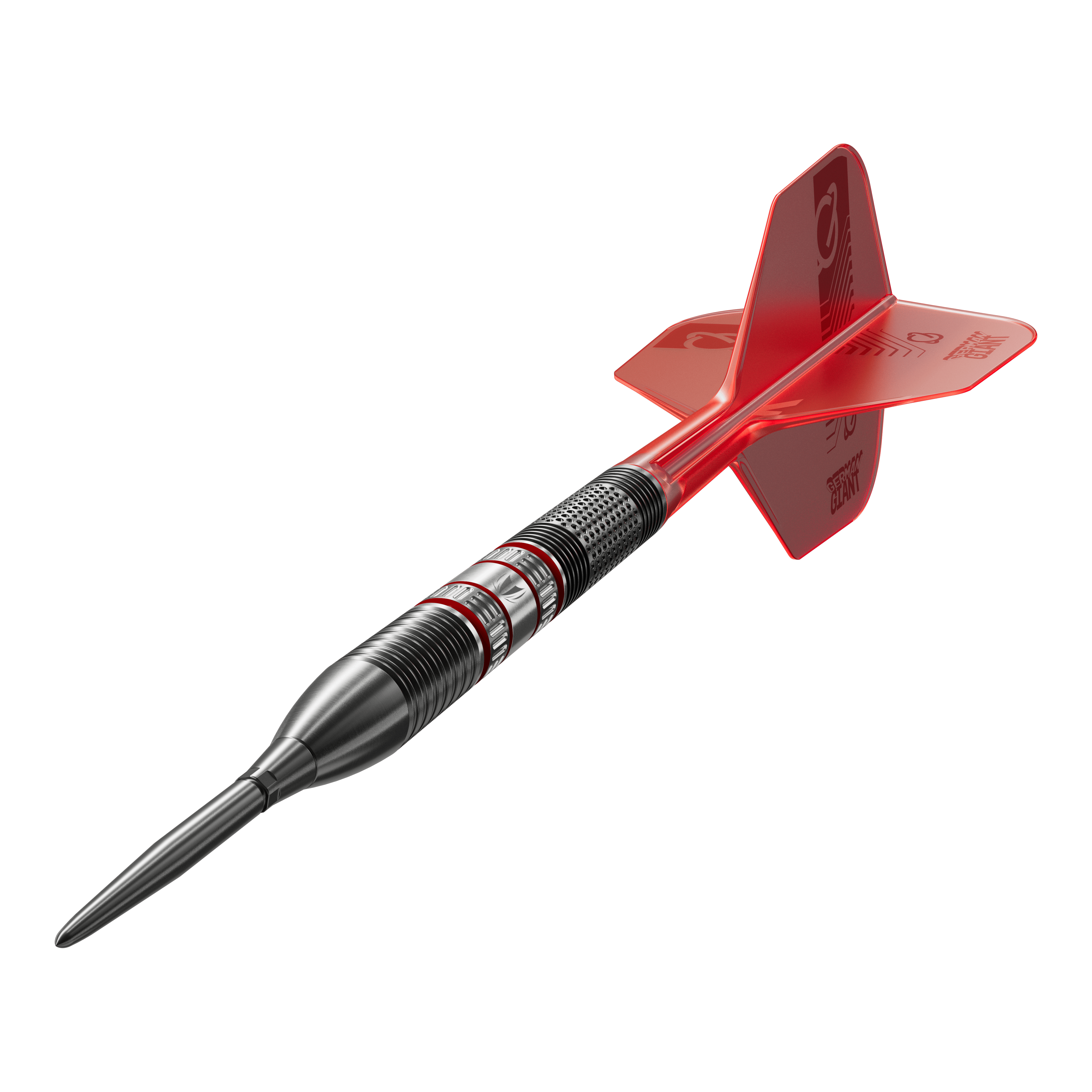Target Gabriel Clemens 95K Swiss Point Steeldarts Das Bild zeigt einen Target Gabriel Clemens 95K Swiss Point Steeldart. Der Dart hat ein schwarzes Barrel mit roten Akzenten und rote Flights.