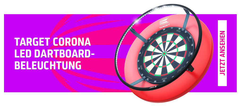 Das Bild zeigt eine LED-Beleuchtung für eine Dartscheibe namens Target Corona. Links steht der Text „TARGET CORONA LED DARTBOARD-BELEUCHTUNG“ und rechts ist die Dartscheibe abgebildet.