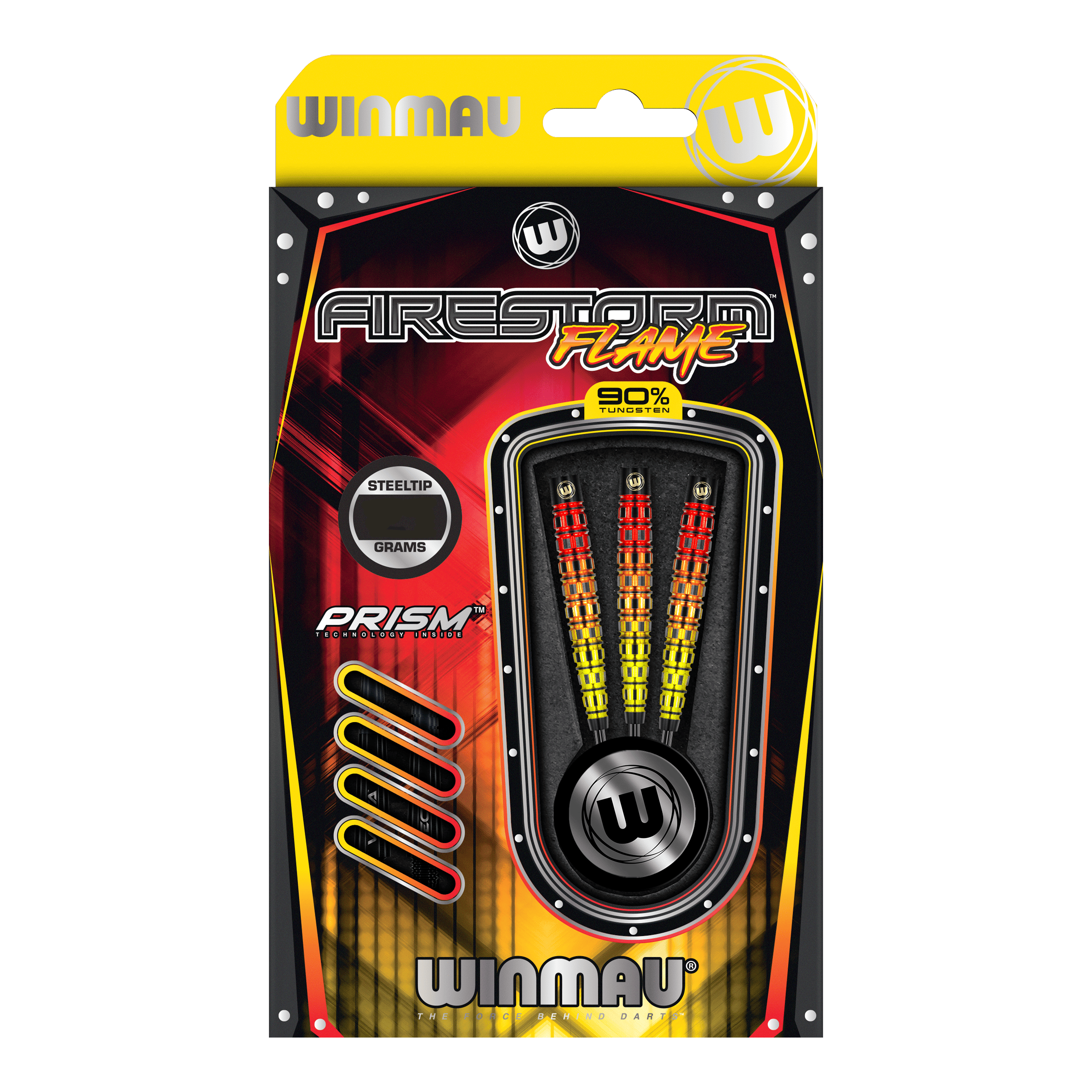 Das Bild zeigt die Verpackung der "Winmau Firestorm Flame Tapered Steeldarts". In der Verpackung sind drei bunte Stahlspitzendarts mit einem auffälligen Flammen-Design zu sehen.