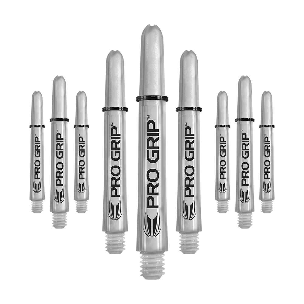 Target Pro Grip Shafts - 3 Sets - Transparent Das Bild zeigt neun transparente Pro Grip Shafts für Darts, angeordnet in einer Reihe. Auf den Schäften steht deutlich „PRO GRIP“ geschrieben.