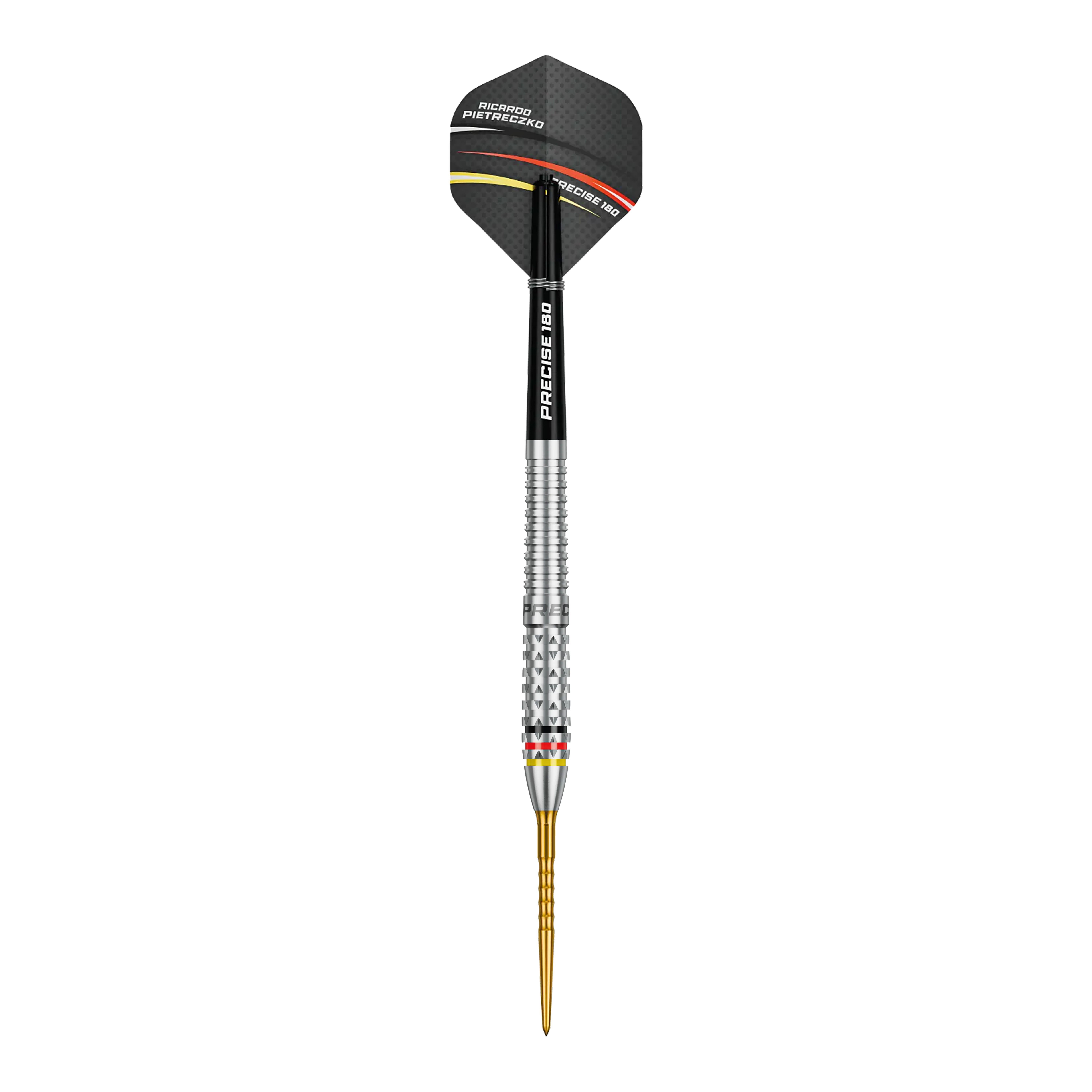 Hier ist ein Precise 180 Ricardo Pietreczko GEN1 Steeldart abgebildet. Der Dartpfeil ist für das Steeldartspiel konzipiert.