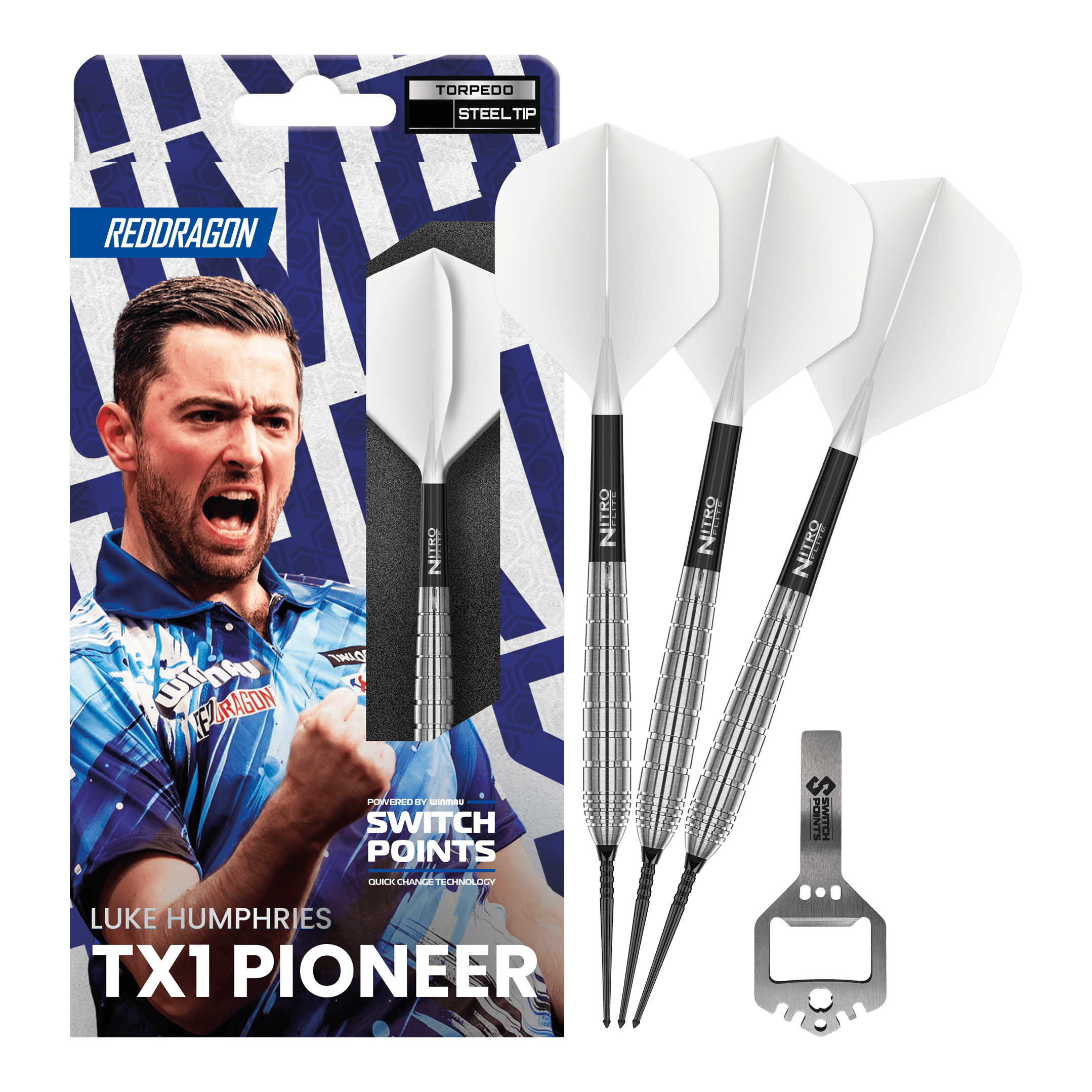Red Dragon Luke Humphries TX1 Pioneer Switch Point Steeldarts Dieses Bild zeigt die Red Dragon Luke Humphries TX1 Pioneer Switch Point Steeldarts in voller Ansicht. Die Darts sind für Präzision und hohe Leistung bekannt.