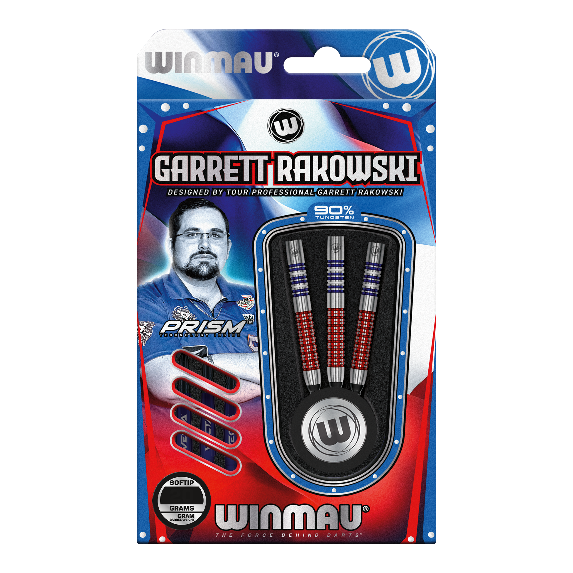 Winmau Garrett Rakowski Softdarts - 20g Auf dem Bild ist eine Verpackung der "Winmau Garrett Rakowski Softdarts - 20g" zu sehen. Die Verpackung zeigt die Darts sowie ein Bild von Garrett Rakowski und ist in Blau, Rot und Weiß gestaltet.
