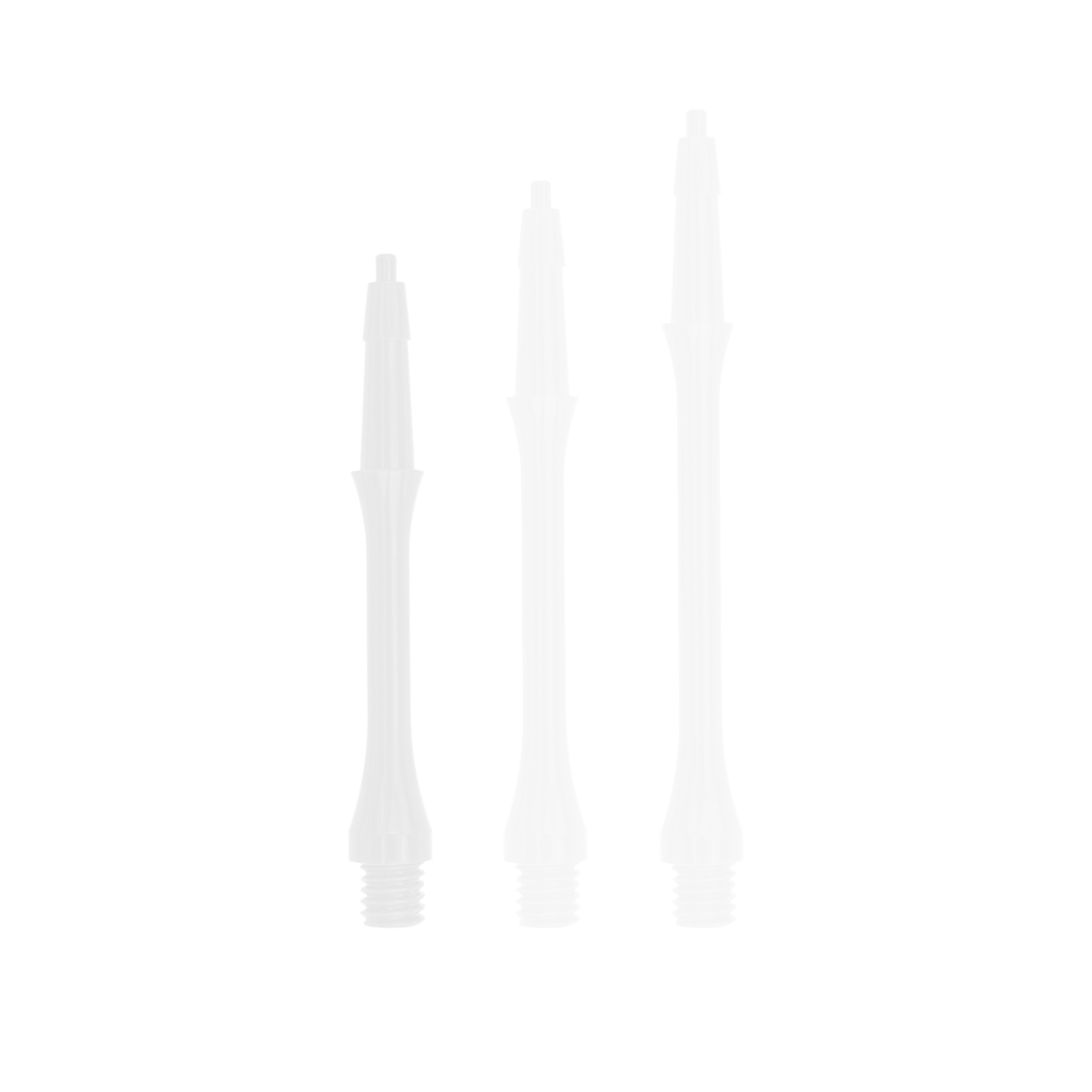 Das Bild zeigt drei weiße, schlanke Harrows Clic Shafts in verschiedenen Längen. Sie sind Ersatzteile für Dartpfeile.