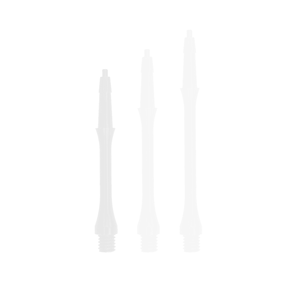 HRC-12602-W_Harrows_Clic_Slim_Shafts_White_23mm_1U07mZhF48ZrHH Das Bild zeigt drei weiße, schlanke Harrows Clic Shafts in verschiedenen Längen. Sie sind Ersatzteile für Dartpfeile.