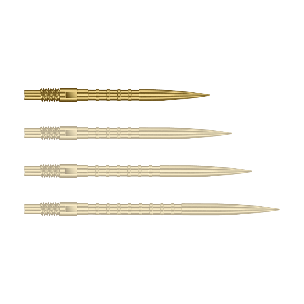 Harrows Quick Point Heavy Metal Dartspitzen - Gold Das Bild zeigt Dartspitzen mit starkem Metallgriff in goldener Farbe und 26mm Länge. Das Produkt ist Harrows Quick Point Heavy Metal Grip Dartspitzen Gold 26mm.