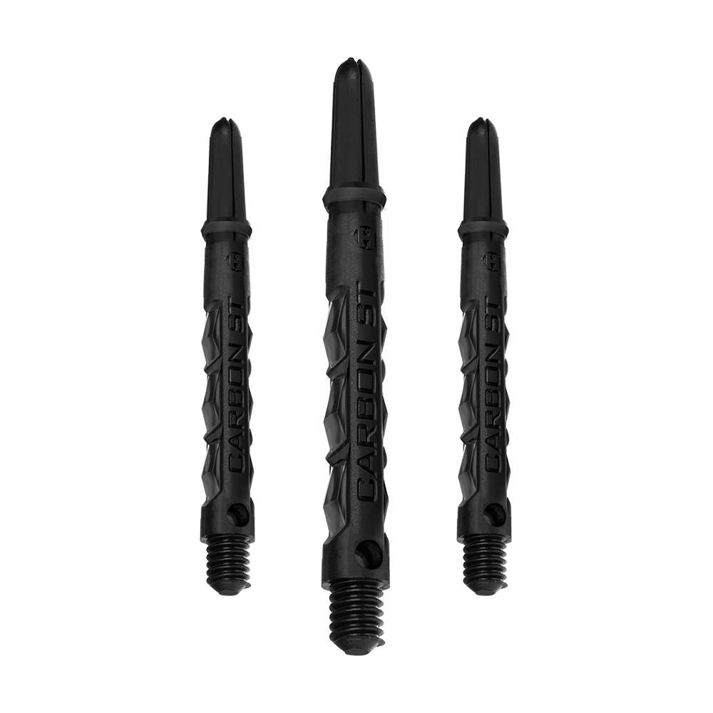 Das Bild zeigt drei schwarze Harrows Carbon ST Shafts. Sie sind Dartschäfte mit einem modernen, robusten Design.