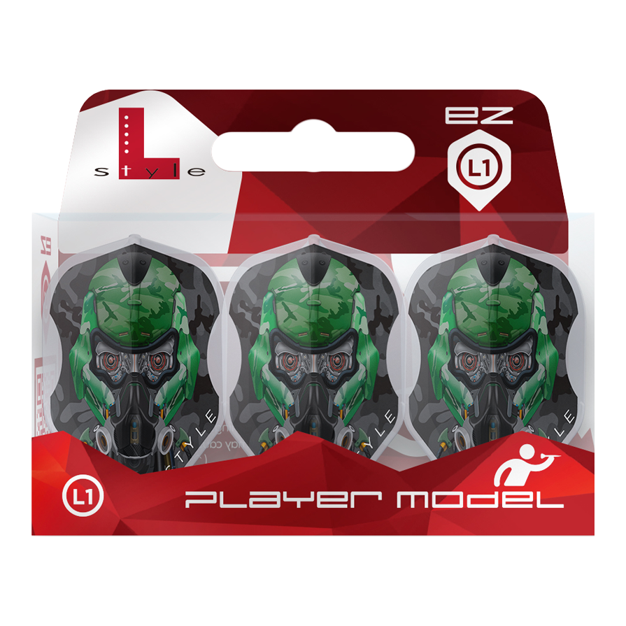 Das Bild zeigt eine Packung mit drei L-Style Berry Van Peer V4 Type B Clear White L1EZ Flights. Auf den Flights ist ein grüner Helm mit futuristischem Design abgebildet.