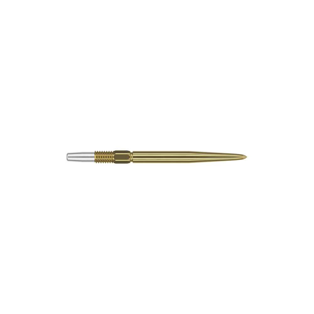 Das Bild zeigt eine goldfarbene Dartspitze mit feinen Rillen. Links befindet sich ein silbernes Schraubgewinde zur Befestigung.