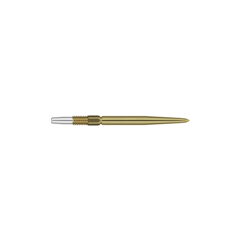 Target Swiss Point Gold Dartspitzen Das Bild zeigt eine goldfarbene Dartspitze mit feinen Rillen. Links befindet sich ein silbernes Schraubgewinde zur Befestigung.