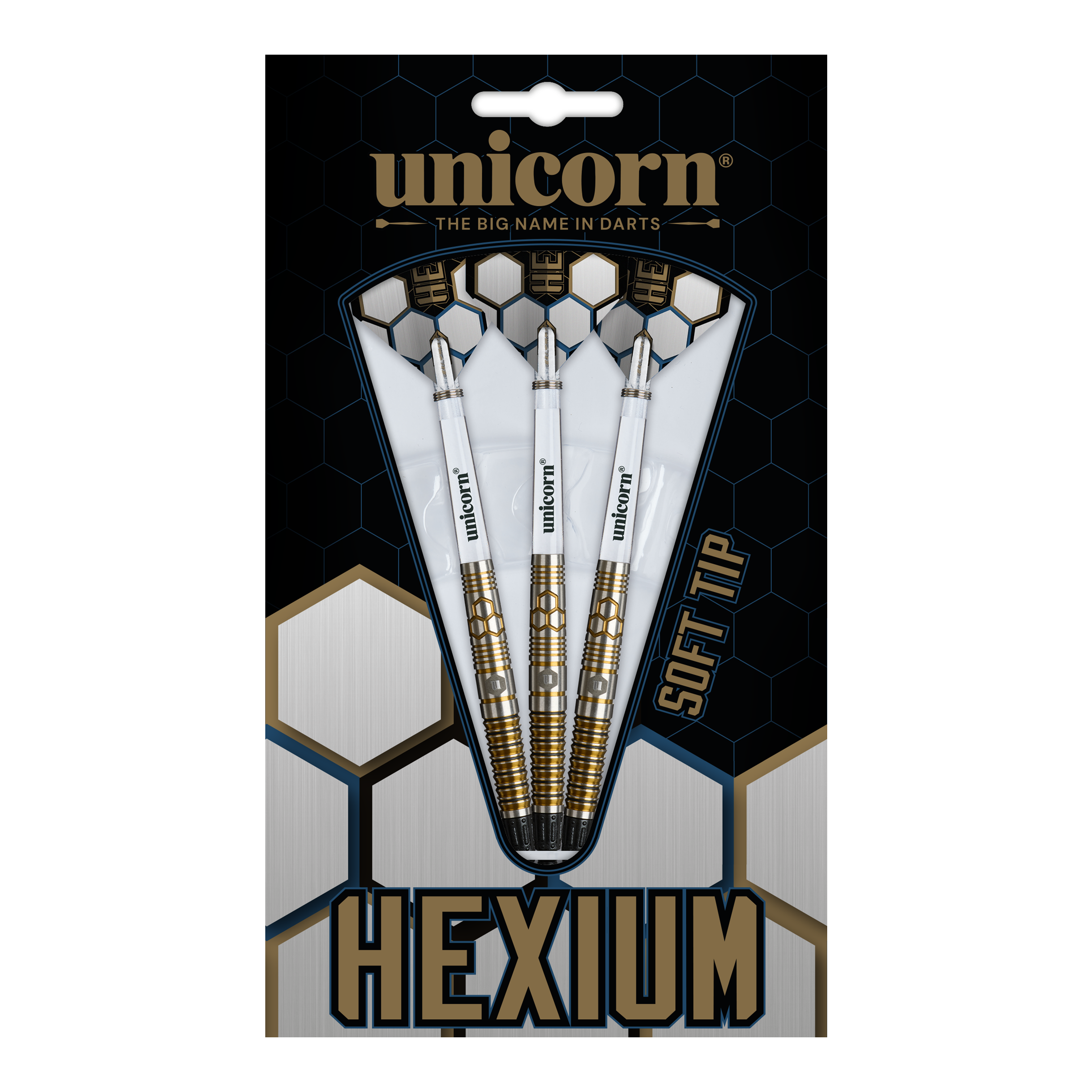Abgebildet sind die Unicorn Hexium Style 03 Gold & Black Softdarts mit 23g. Die Pfeile zeichnen sich durch ihr elegantes Design in Gold und Schwarz aus.