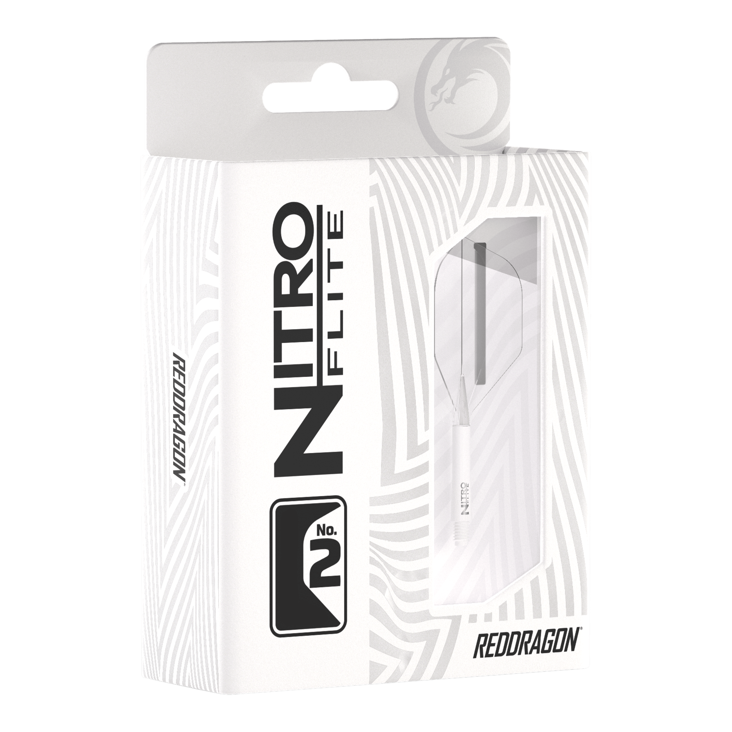 Red Dragon Nitroflite - White Shaft Clear No2 Flights Die Abbildung zeigt die Verpackung der „Red Dragon Nitroflite - White Shaft Clear No2 Flights“. Die Verpackung ist überwiegend weiß und hat ein Sichtfenster, durch das die Dartflights zu sehen sind.