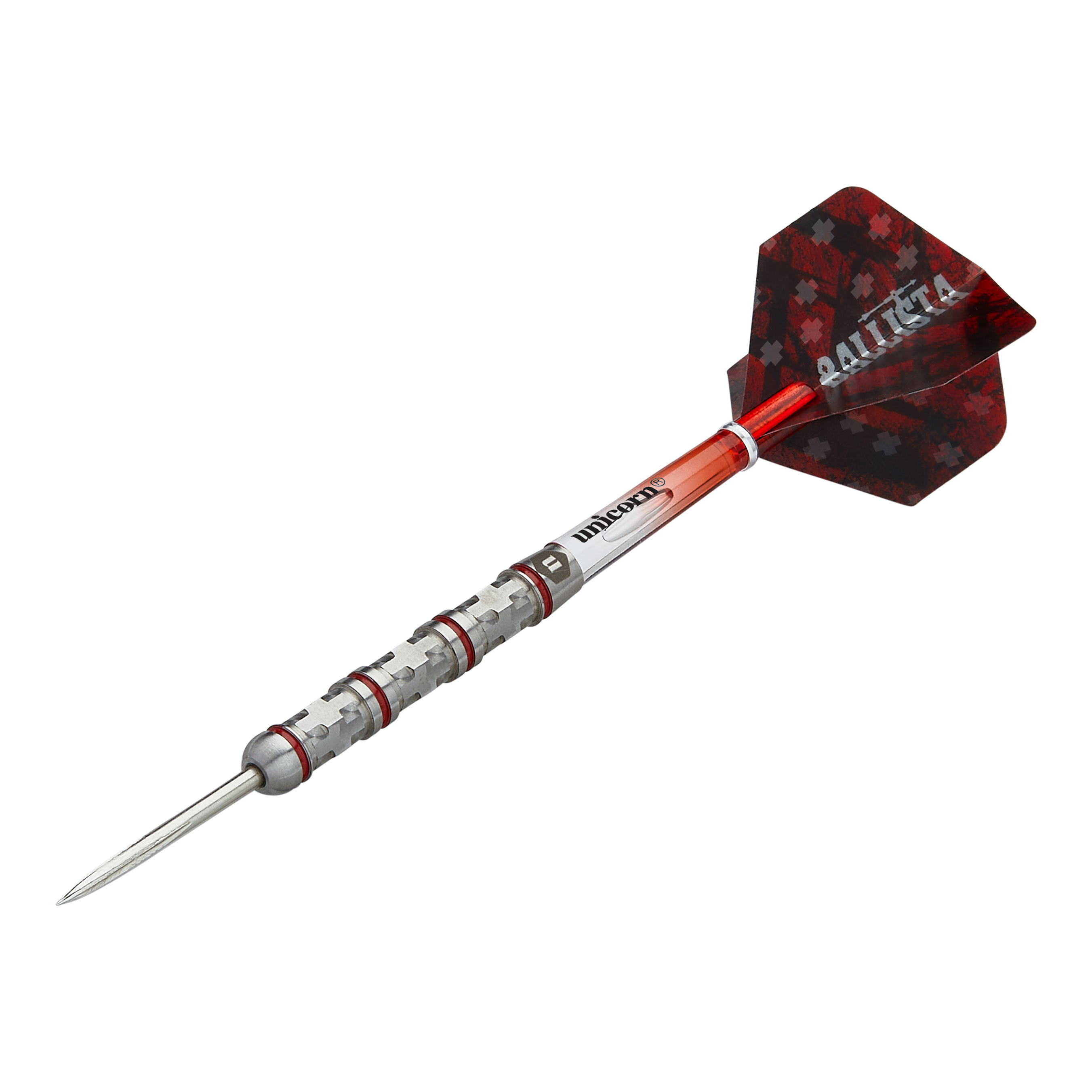 Unicorn Ballista Style 4 Steeldarts Das Bild zeigt einen Unicorn Ballista Style 4 Steeldart. Der Dartpfeil hat eine rot-silberne Farbgebung und ein markantes Flight-Design.