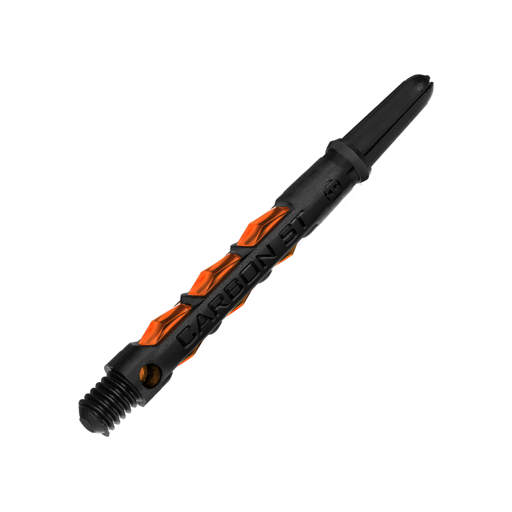 HR430_Harrows_Carbon_ST_Shafts_Orange_47mm_2 Auf dem Bild ist ein Harrows Carbon ST Shaft in Orange zu sehen. Der Schaft ist schwarz mit auffälligen orangefarbenen Akzenten gestaltet.