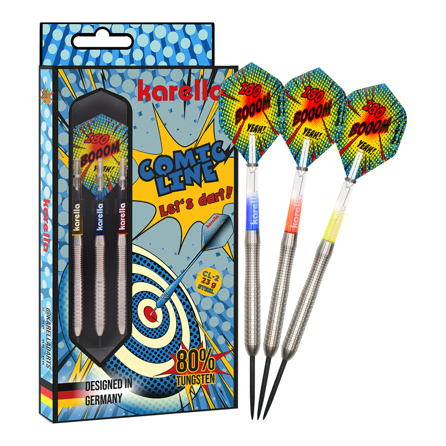 Karella Comic Line CL-2 Steeldarts - 23g Zu sehen ist das vollständige Set der Karella Comic Line CL-2 Steeldarts in 23g. Die Steeldarts bieten eine gute Balance für ambitionierte Spieler.