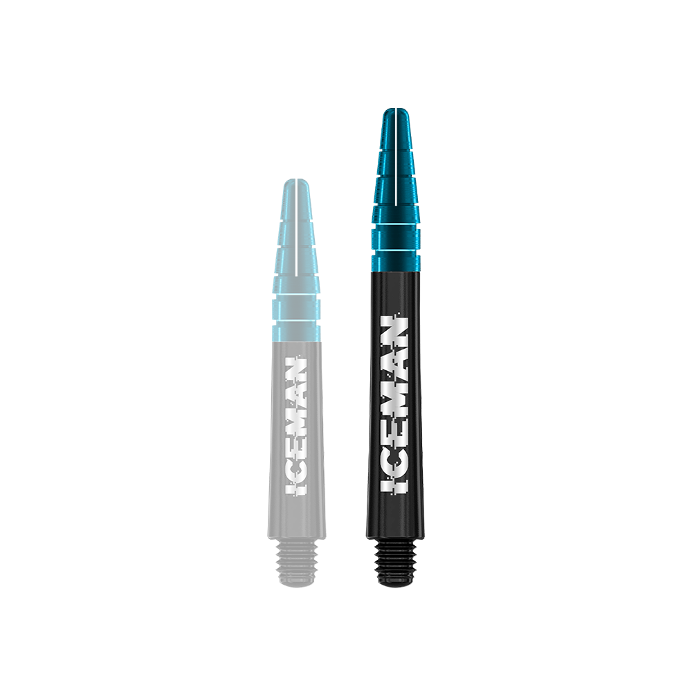 Das Bild zeigt zwei schwarze Dartschäfte mit blauen Spitzen. Auf den Schäften steht in weißer Schrift das Wort "ICEMAN".