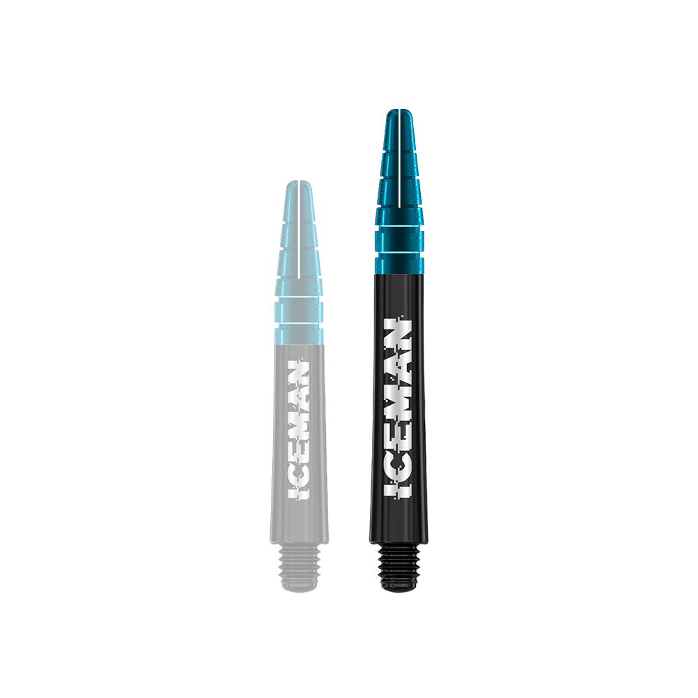 C637_Red_Dragon_Nitrotech_Gerwyn_Price_Shafts_Black_42mm_1oJQmaqOMAj47j Das Bild zeigt zwei schwarze Dartschäfte mit blauen Spitzen. Auf den Schäften steht in weißer Schrift das Wort "ICEMAN".