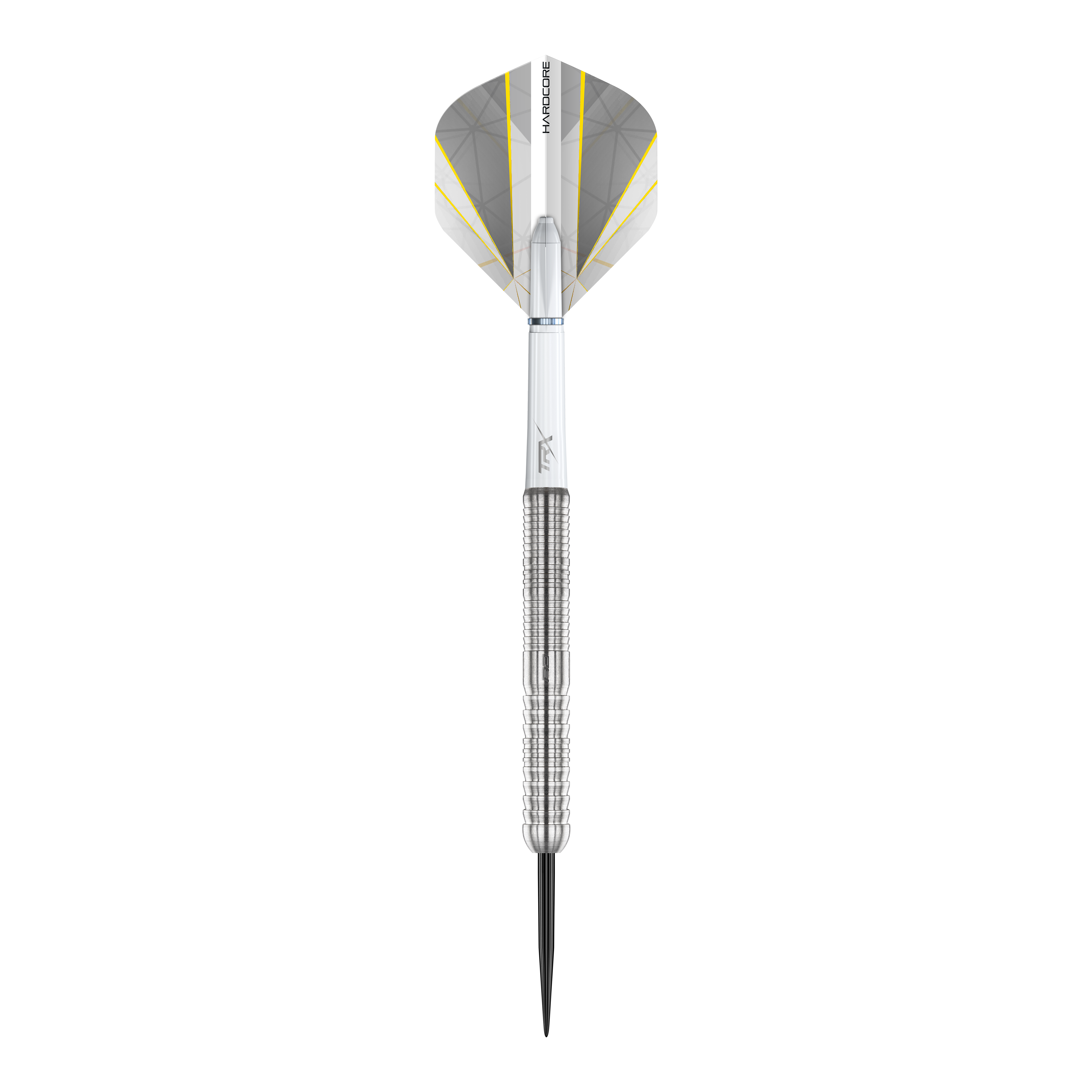 Red Dragon Seren 1 Pure Steeldarts Das Bild zeigt einen einzelnen Red Dragon Seren 1 Pure Steeldart. Der Dart ist silberfarben mit einem strukturierten Griff und einem weißen Flight mit gelben und grauen Akzenten.