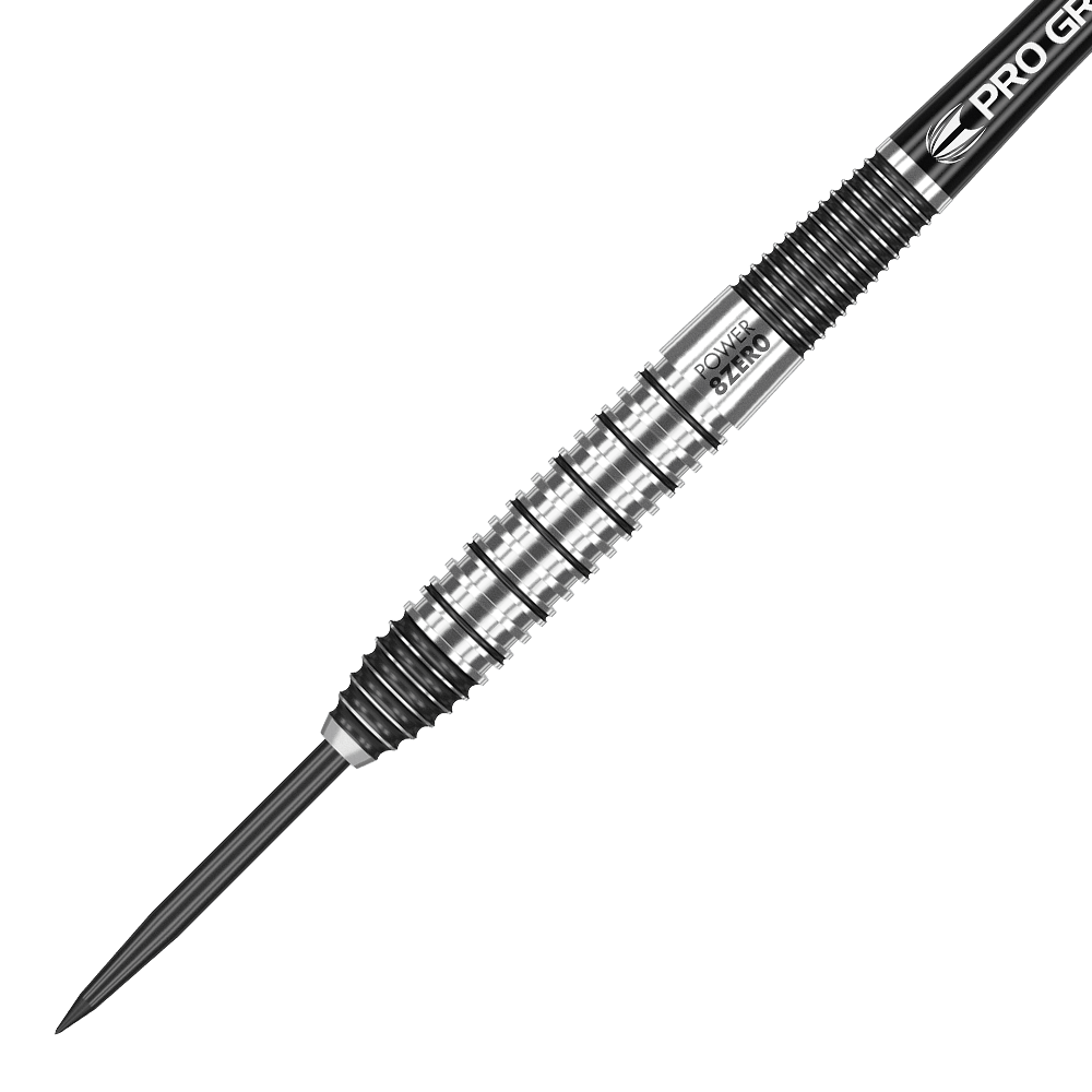 Das Bild zeigt einen Target Phil Taylor Power 8Zero 2 Steeldart. Der Dart ist silberfarben mit schwarzen Rillen und einer spitzen Metallspitze.