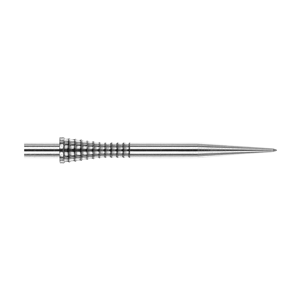 Das Bild zeigt die Red Dragon Raptor Gripped Silver Steeldartspitze mit einer Länge von 38 mm. Die Dartspitze besteht aus silbernem Metall und hat einen geriffelten Griffbereich für besseren Halt.