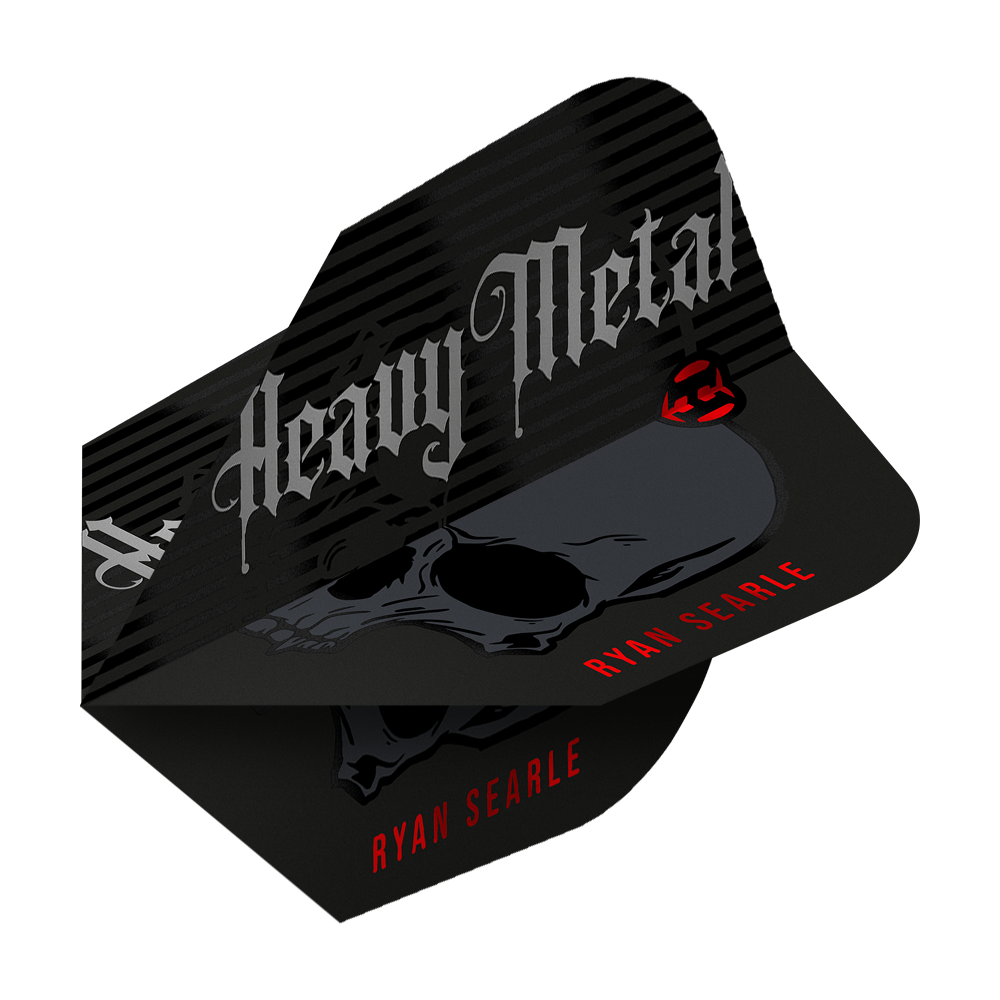 Harrows Ryan Searle Heavy Metal Series 2 Flights Das Bild zeigt ein Dart-Flight mit der Aufschrift "Heavy Metal" und einem Totenkopf-Design. Unten steht in roten Buchstaben der Name "Ryan Searle".