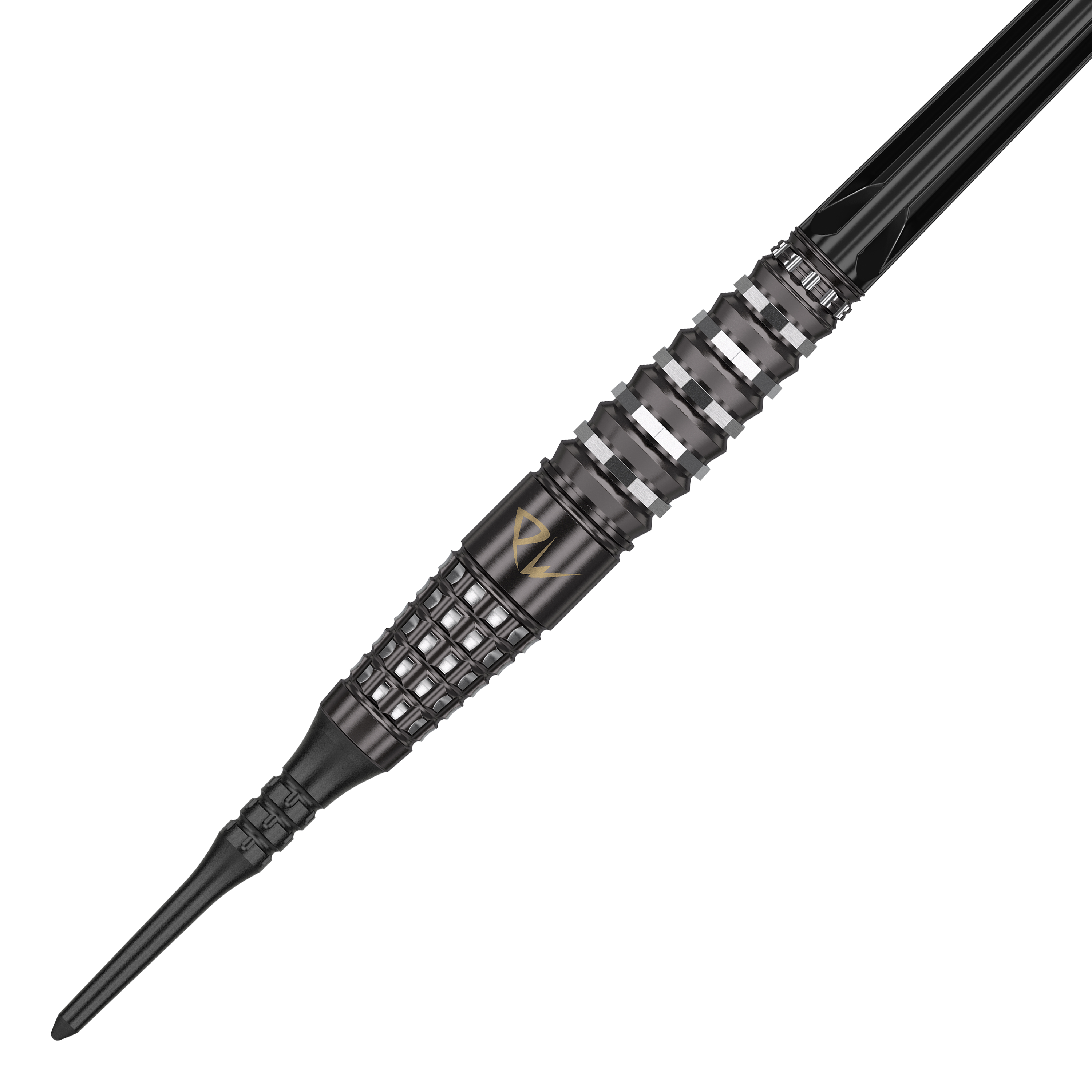Dies ist ein schwarzer Softdart namens "Target Japan Black Marque PW" mit einem Gewicht von 18 Gramm. Das Design zeigt ein markantes Rillenmuster und Metallakzente.