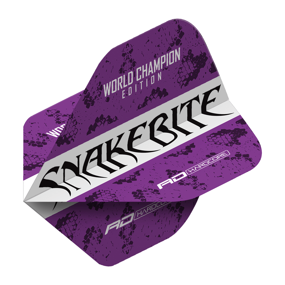 Dies ist ein lila-weißes Dart-Flight mit dem Aufdruck "SNAKEBITE" in schwarzer Schrift. Oben steht "World Champion Edition" und das Design zeigt ein Schlangenhautmuster.