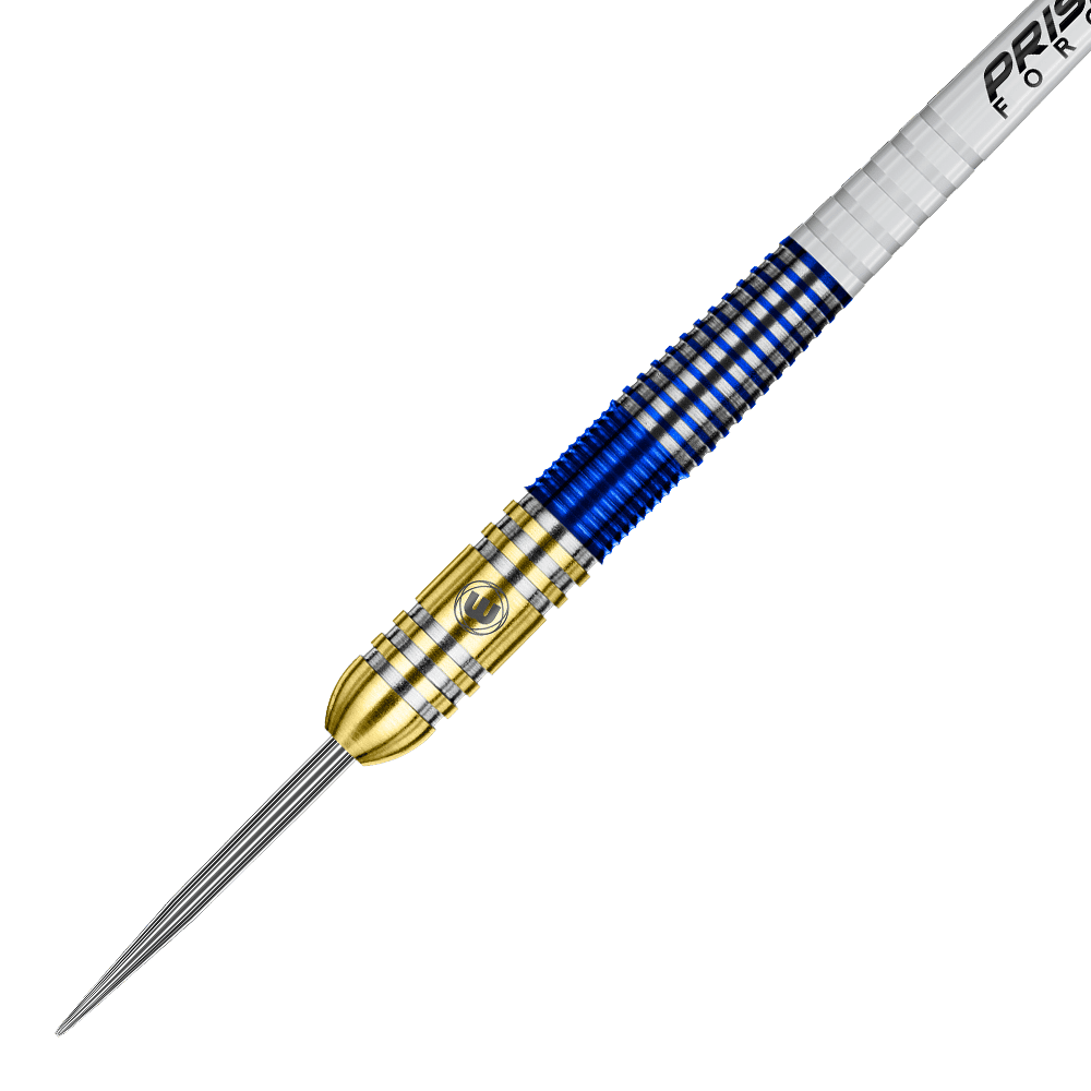 Das Bild zeigt einen Winmau Steve Beaton Tungsten Steeldart. Der Dartpfeil hat ein auffälliges Design mit goldenen und blauen Ringen am Griff.
