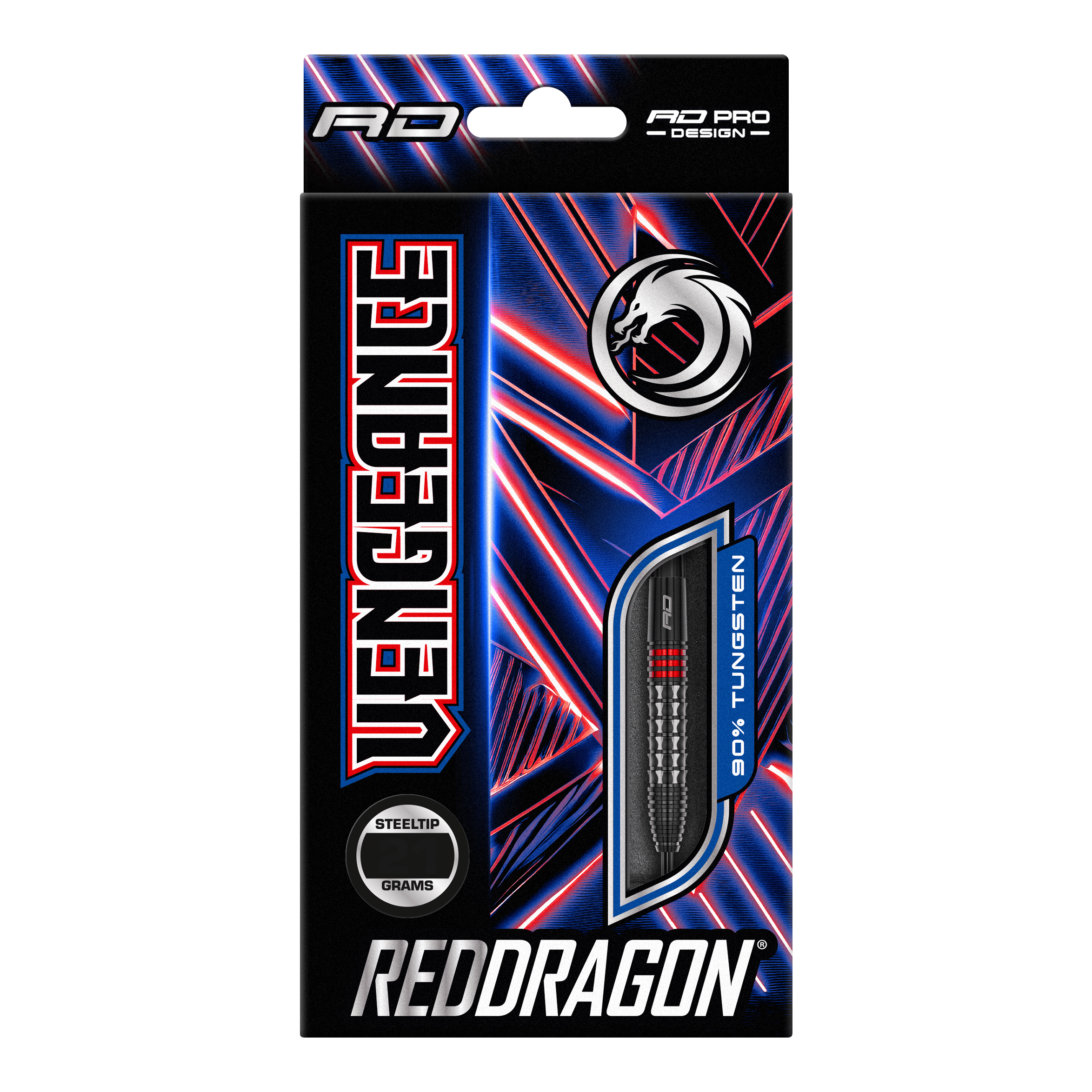 Auf dem Bild ist die Verpackung der „Red Dragon Vengeance Red Steeldarts“ zu sehen. Das Design ist auffällig mit roten und blauen Linien sowie einem Drachen-Logo gestaltet.