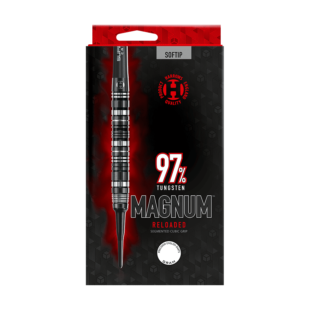 Die Abbildung zeigt die Verpackung der "Harrows Magnum Reloaded Softdarts". Auf der Verpackung steht, dass die Darts aus 97% Tungsten bestehen und einen segmentierten Cubic Grip haben.