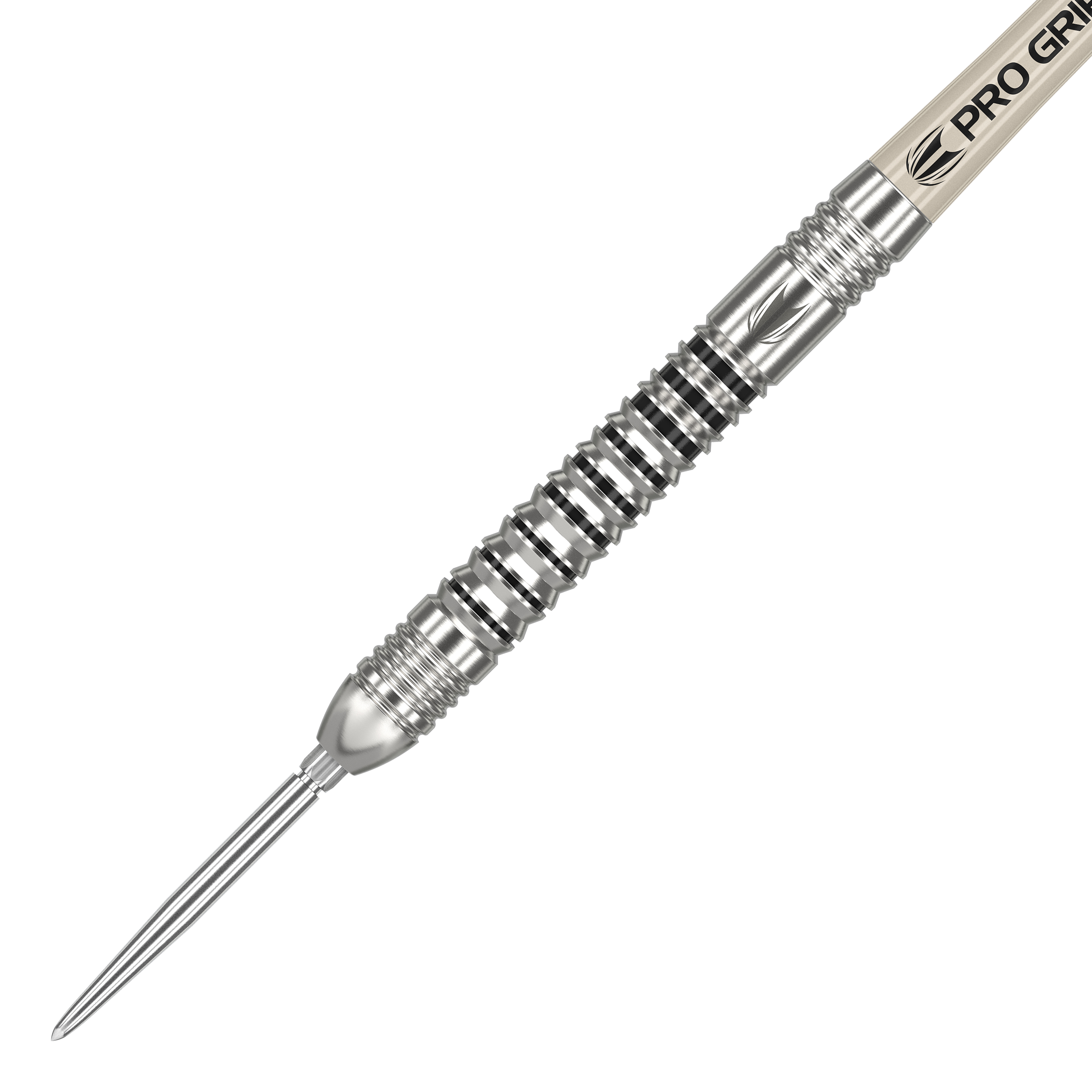 Das Bild zeigt einen Target EXO SP03 Swiss Point Steeldart. Der Dart hat ein silbernes, geriffeltes Barrel und eine scharfe Spitze.